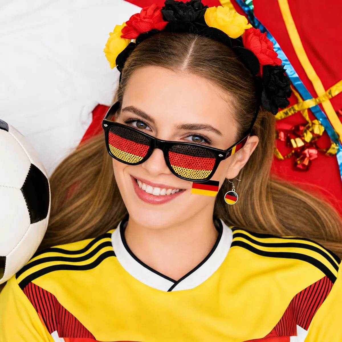 Articoli per fan della Germania, set da 5 pezzi, nero, rosso, giallo, articolo per tifosi della Germania con cerchietto per capelli, orecchini, occhiali da sole, trucco facciale, decorazione per feste