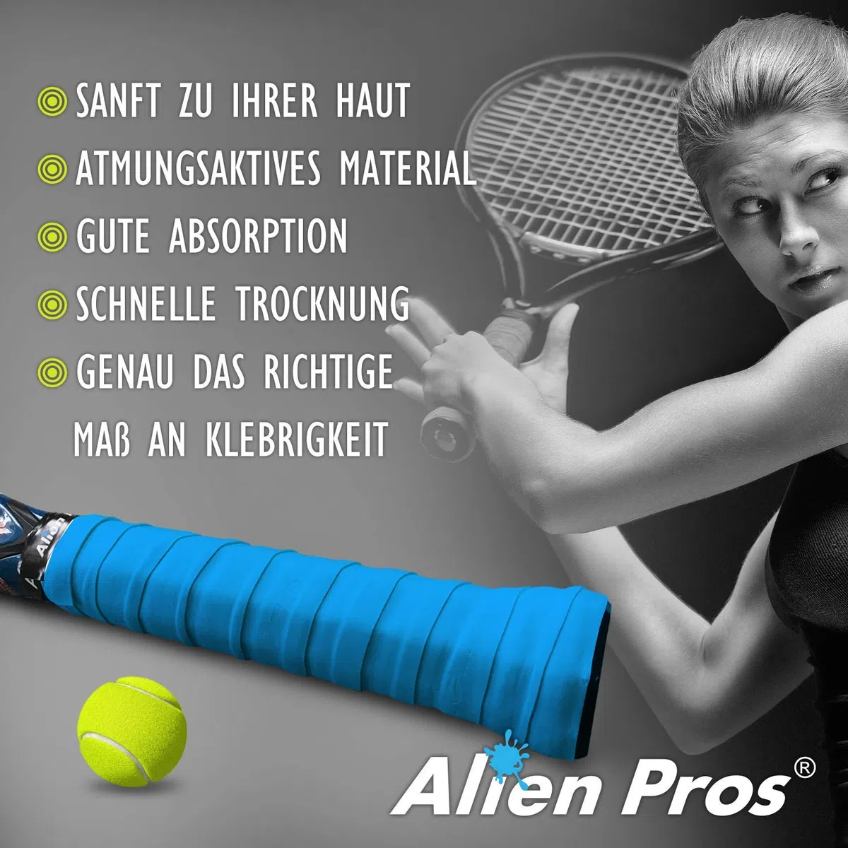 Alien Pros Nastro Adesivo per Racchetta da Tennis (6 impugnature) - Avvolgi la Racchetta per Alte Prestazioni (6 impugnature, Blu)