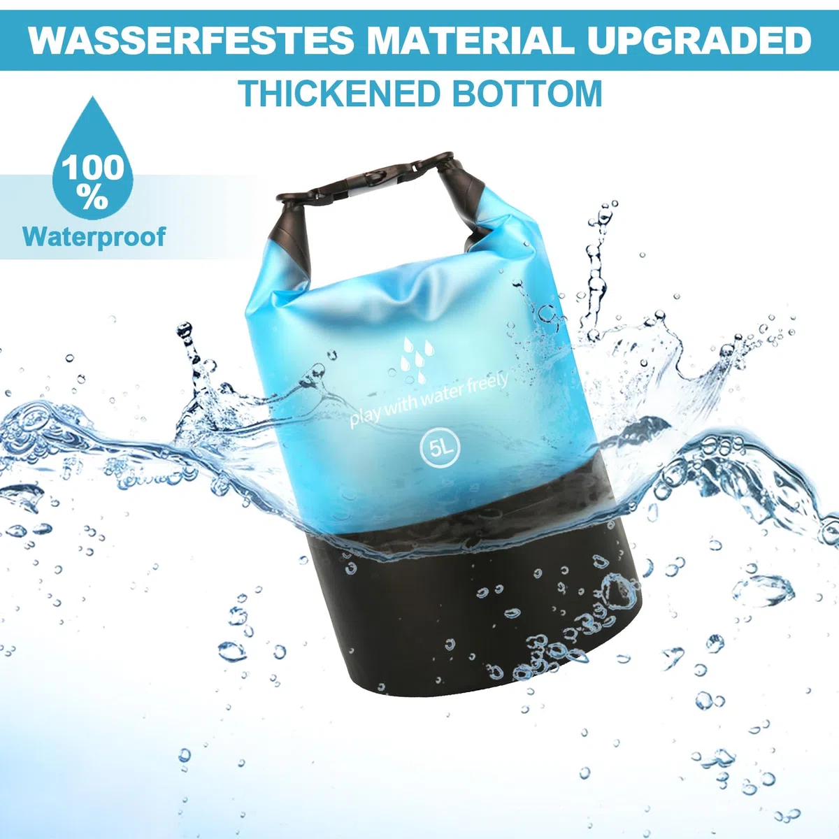 Dry Bag, Borsa Sacca Zaino Impermeabile Waterproof, chiusura a rotolo e tracolla, e custodia impermeabile per cellulare per Mare Barca Pesca Rafting Spiaggia Sport Acquatici (Blu, 5l)