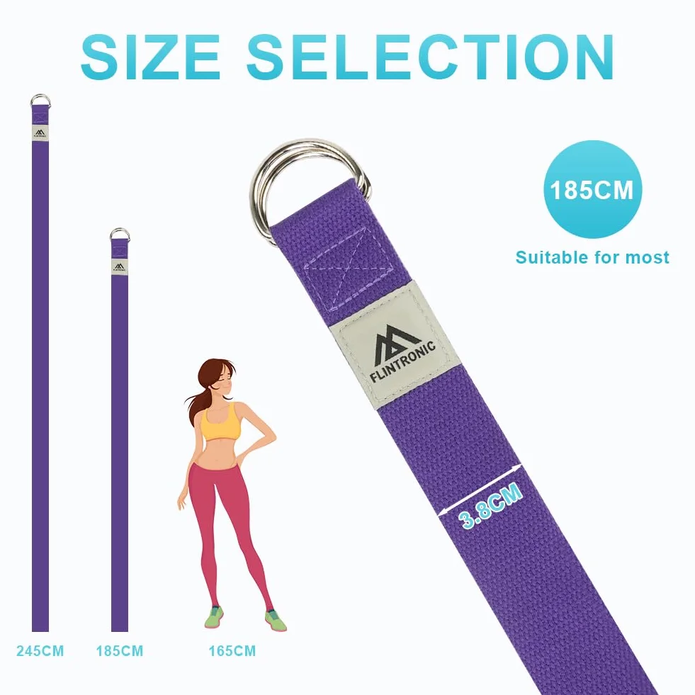 Flintronic Cinghia Yoga In Cotone, Cinghie da Yoga 1.85/2.5M, Stretching Cintura Yoga, Yoga Strap Regolabile con Fibbia in Metallo, Cinghia per Pilates, Danza, Allenamento, Ginnastica