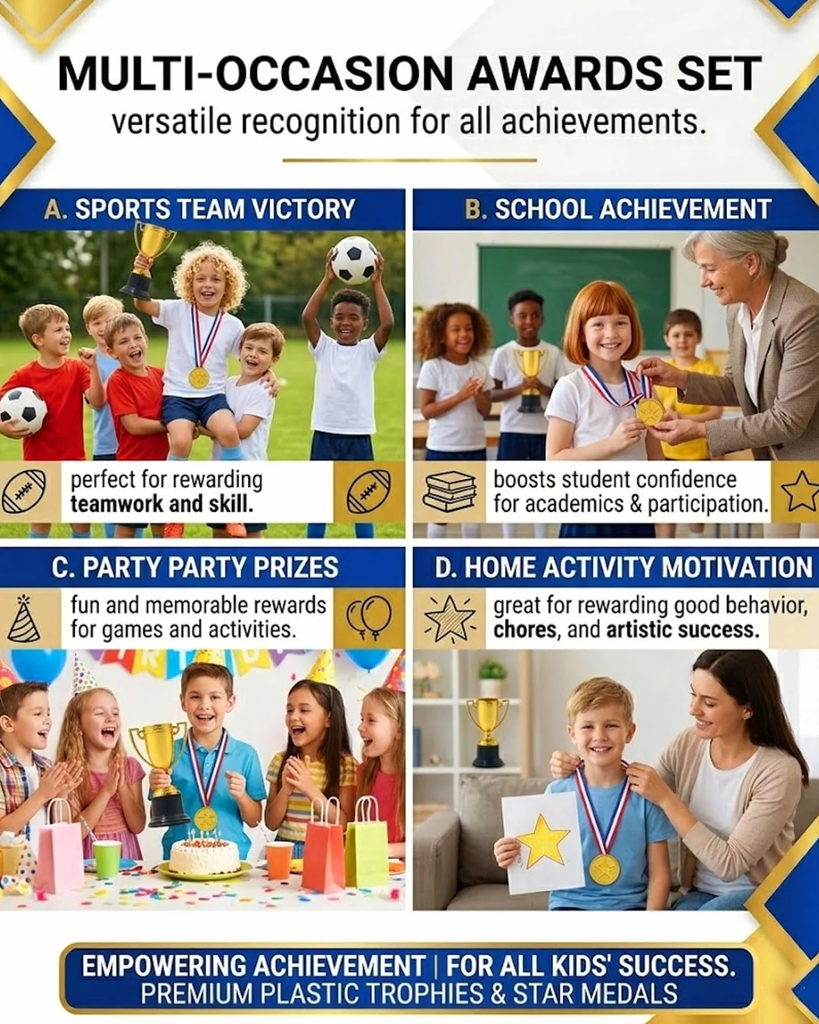 Trofei per Bambini Medaglie Oro GRETY 6 Pezzi Mini Premio Sportivo Scuola Compleanno