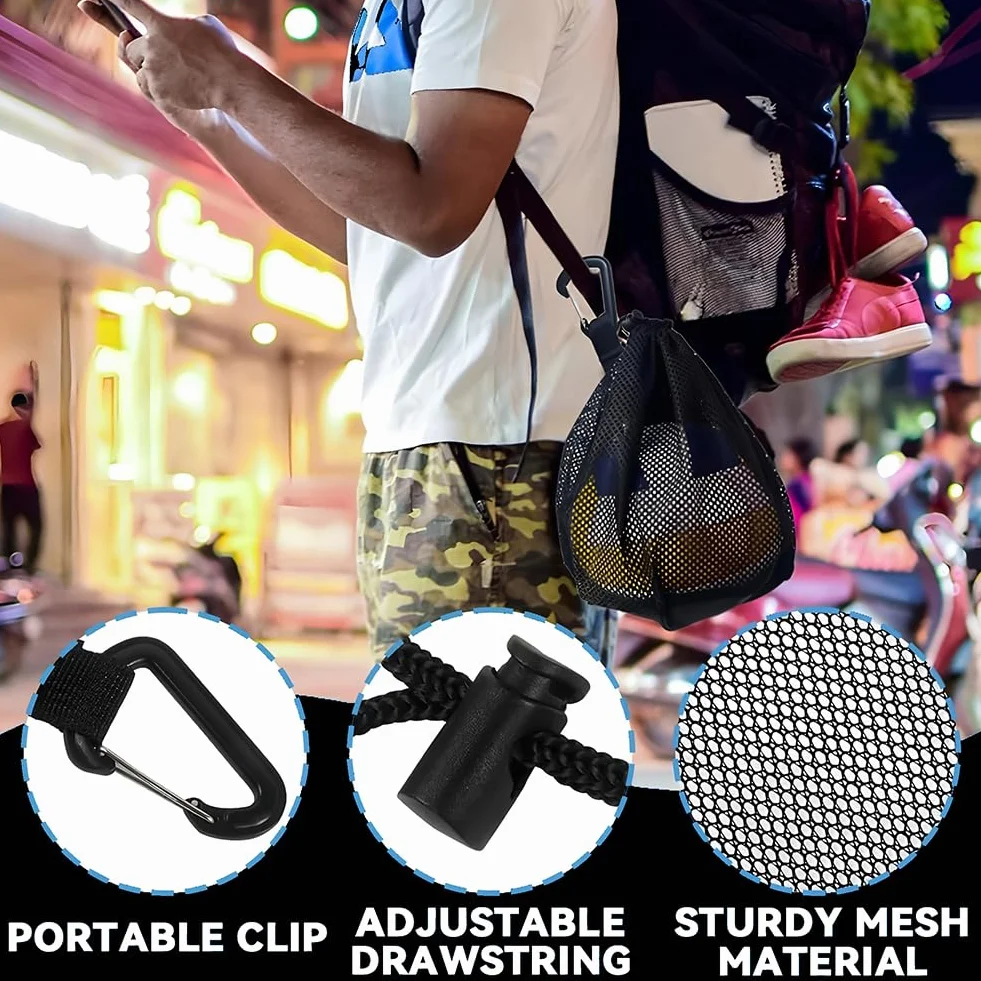 2PCS Rete Porta Palloni, 1 Sacca con Tasca a Zip, Materiale Mesh Traspirante, con Moschettone e Cordino Regolabile Accessori per Palla Portatile da Tennis, nero