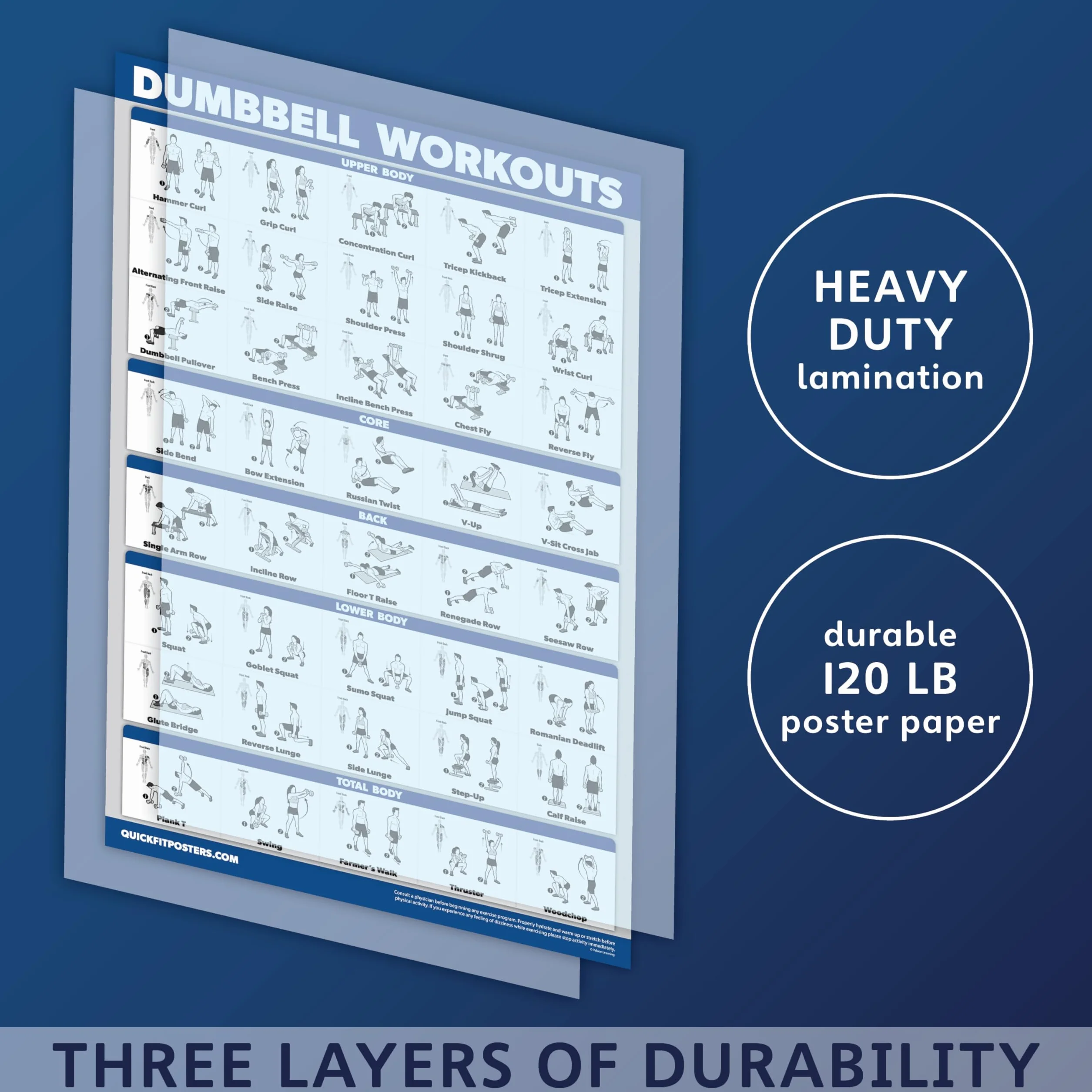 QuickFit Confezione da 3 - Allenamenti per bilanciere + esercizi bodyweight + bilanciere - Set di 3 tavole da allenamento laminate 18" x 27"