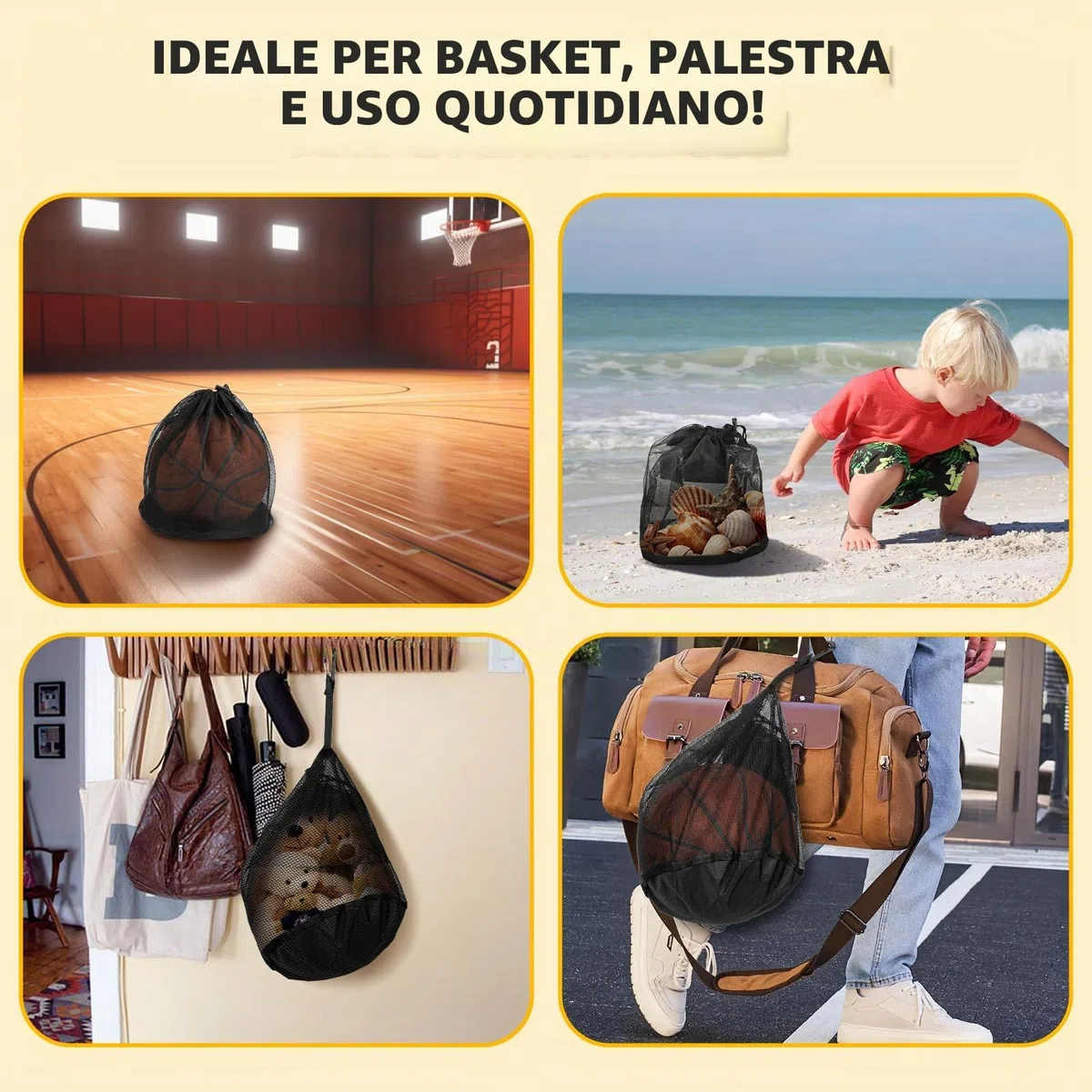 Windfromort Borsa Basket 16L - Rete per 1 Pallone - Borsa da Basket Accessori - Ballnetz Pieghevole con Tasca con Cerniera e Moschettone