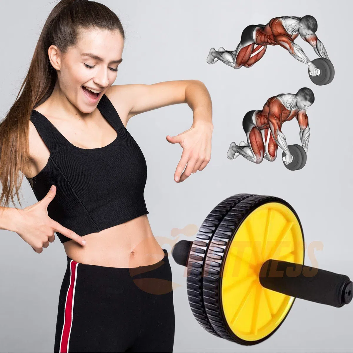 FFitness Two-Wheeled Power Wheel with Mat, Ruote con Manici per Addominali Unisex Adulto, Giallo, taglia unica