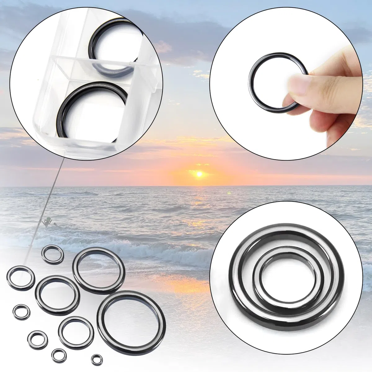 50 Pezzi Anelli in Ceramica per Canna da Pesca 10 Misure 3,8mm-29,8mm Kit Riparazione Canna da Pesca Guide in Ceramica Anello per Sostituzione Canna da Pesca Occhio（Nero）