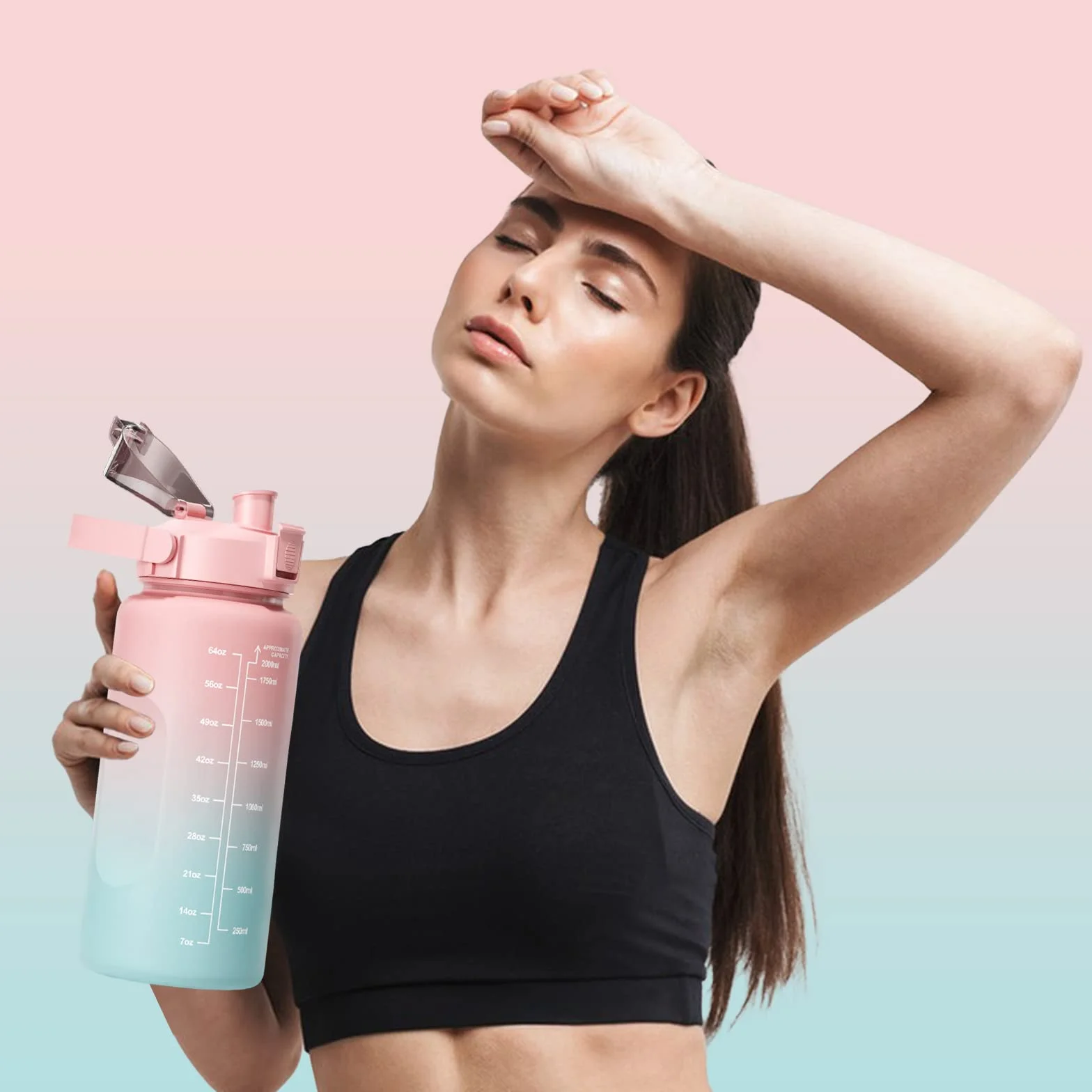 Borraccia con Cannuccia 2 Litro Sportiva Senza BPA, Indici di Ispirazione, Alto Volume, per Yoga Palestra Campeggio (Rosa)