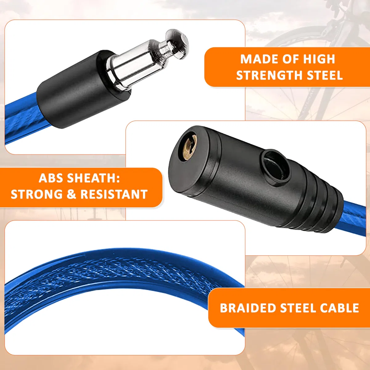 Lucchetto bici cavo in acciaio resistente 60 cm chiusura avanzata con chiave sicuro robusto pratico facile da riporre antifurto bici blu