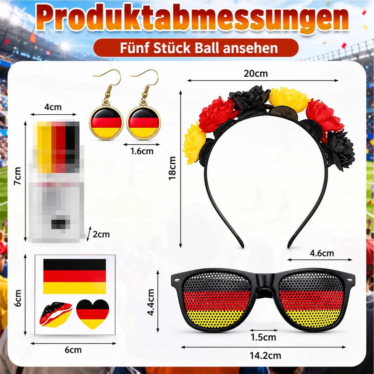 Articoli per fan della Germania, set da 5 pezzi, nero, rosso, giallo, articolo per tifosi della Germania con cerchietto per capelli, orecchini, occhiali da sole, trucco facciale, decorazione per feste