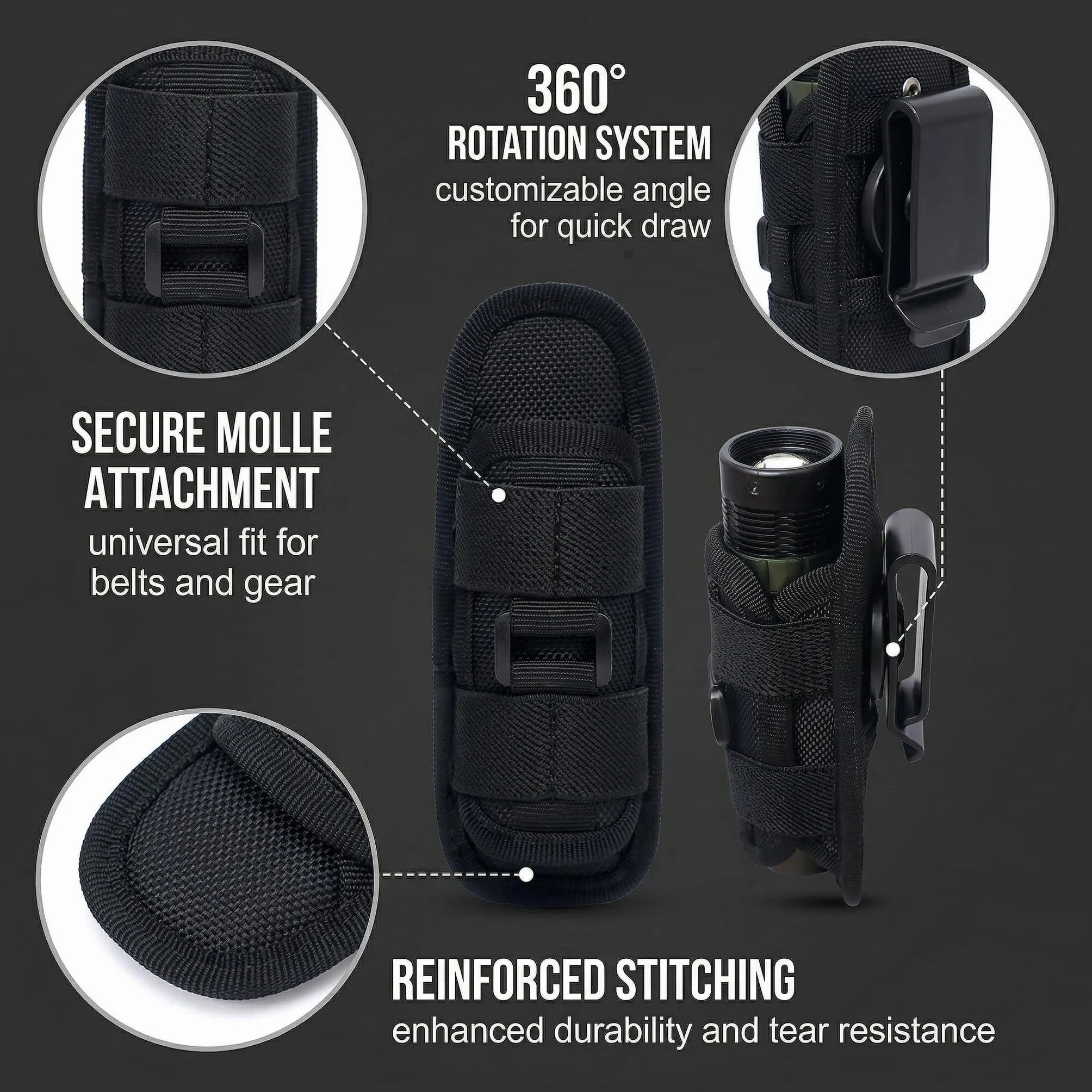 1 Pz Porta Torcia Cinturone Nero, Supporto Torcia Elettrica Fondina Elastica Nylon, Clip Cintura Girevole 360 Gradi, Adatto Torcia Lancette