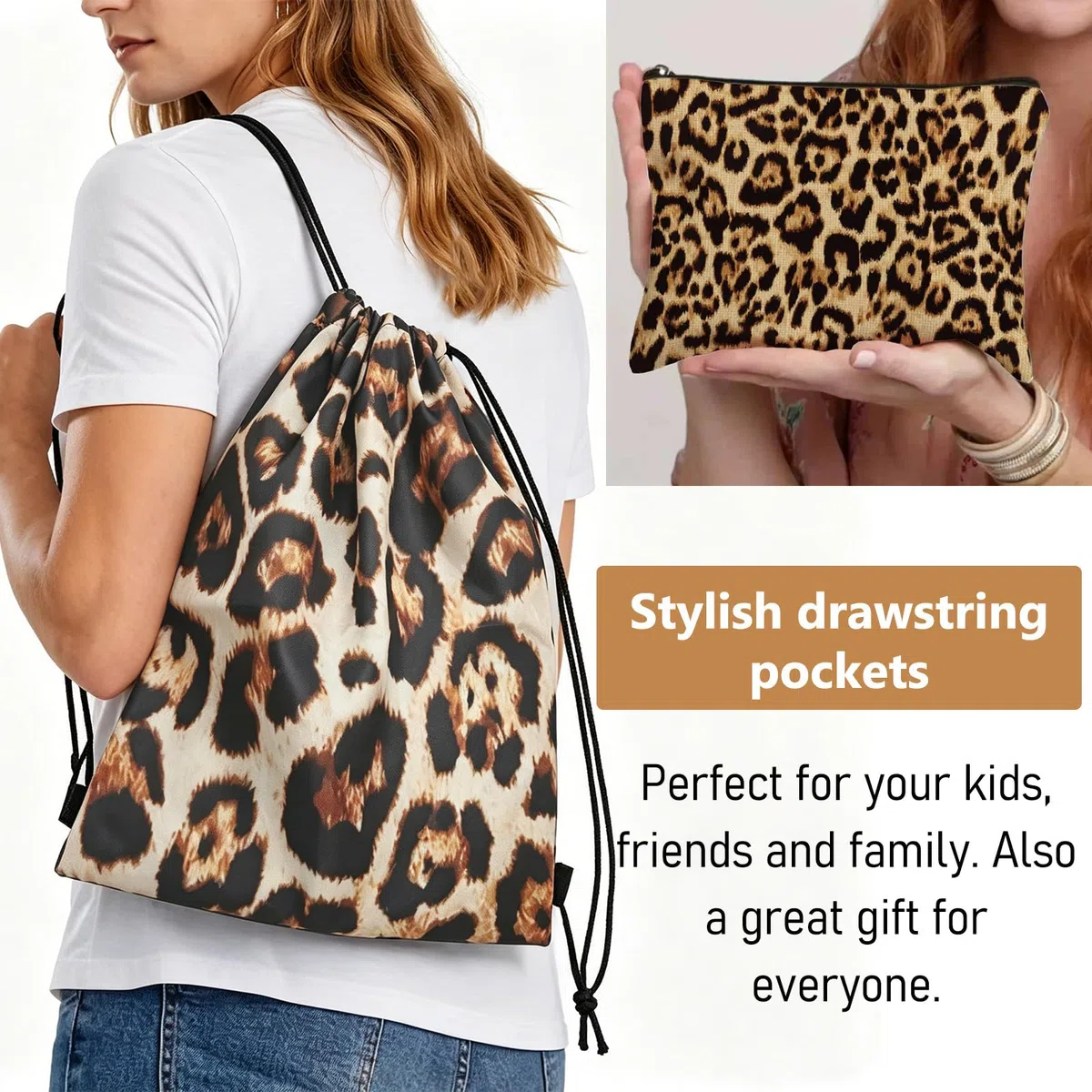 Set di Sacca Sportiva a Coulisse con Stampa Leopardata, Leggera Zaino Palestra e Leopardata Pochette, Borsa Palestra con Coulisse in Tessuto Oxford per Lo Sport, Scuola,Viaggi, Spiaggia