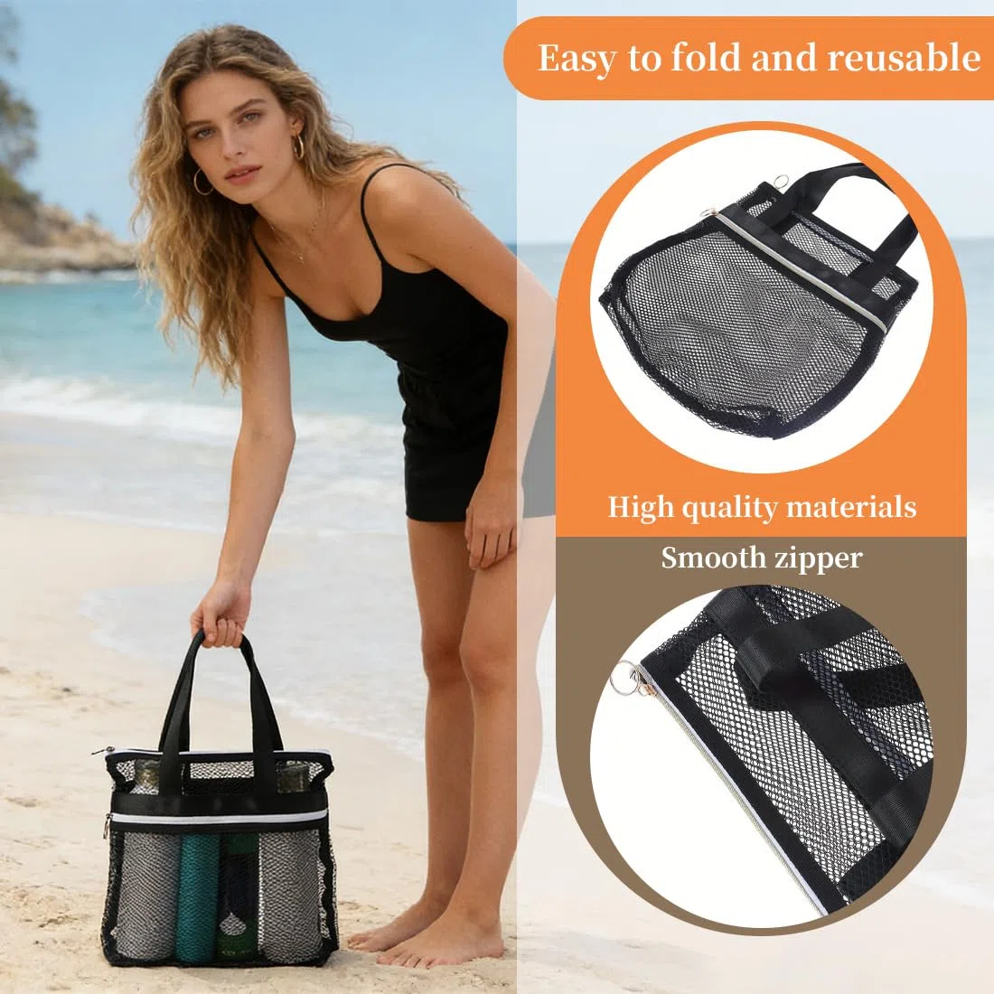 Swimming Equipment Bags, Una borsa da doccia in rete con manico, borsa da doccia portatile, borsa da spiaggia pieghevole, adatta per campeggio, articoli da toeletta e abbigliamento (nera)