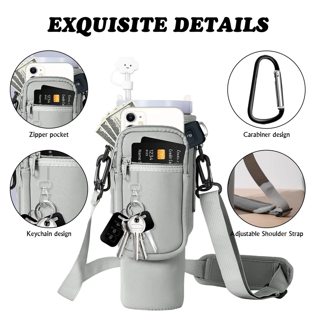 Porta Bottiglia d'Acqua per Stanley Cup 40oz, Stanley Cup Accessori,con Scomparto per Cellulare e Portachiavi Tracolla Regolabile Cup Accessori per Escursioni Viaggi Campeggio