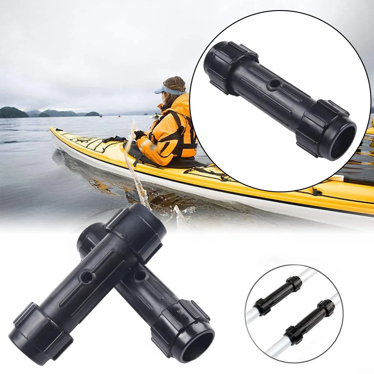 2 connettori per pagaia per kayak, diametro interno 28 mm, in plastica ABS, parti di ricambio per canoa, barca, remi, design ispessito, nero