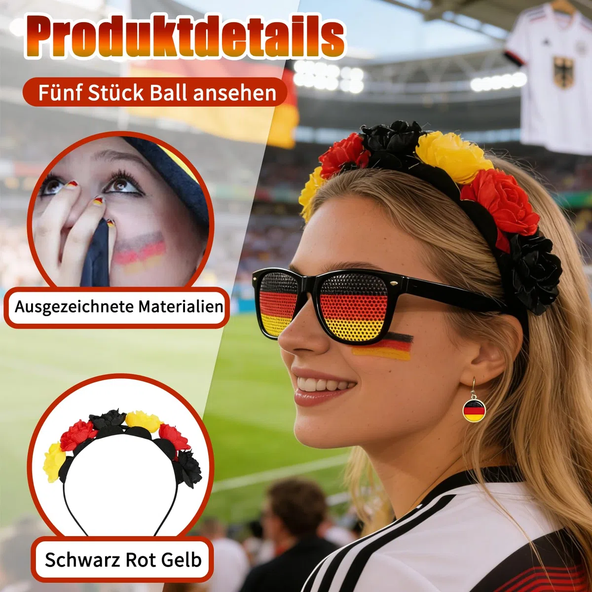 Articoli per fan della Germania, set da 5 pezzi, nero, rosso, giallo, articolo per tifosi della Germania con cerchietto per capelli, orecchini, occhiali da sole, trucco facciale, decorazione per feste
