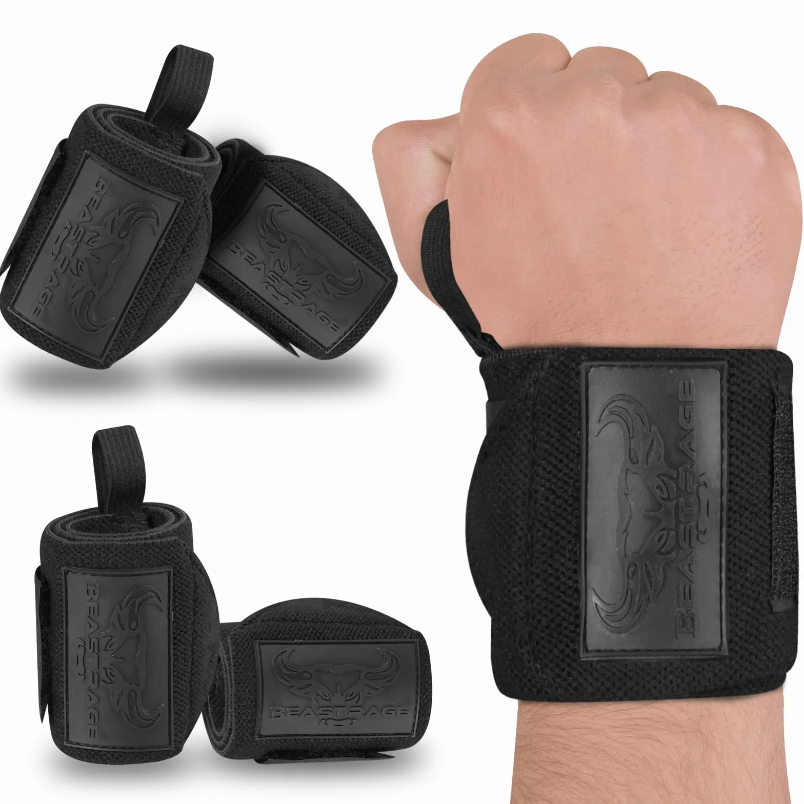 BEAST RAGE Polsiere per Sollevamento Pesi, per Sollevamento Pesi, Fitness, Allenamento, Palestra, Supporto per Pollice, Fascia Elastica in Cotone per Allenamento (Nero Pieno)