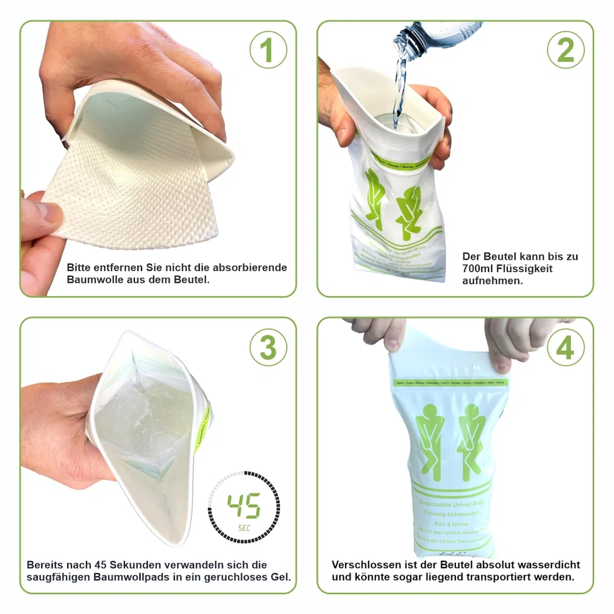 Set di 5 sacchetti per urina, usa e getta, sacchetto per pipì di emergenza, orinatoio portatile, per auto, viaggio, per uomini, donne, bambini, 5 pezzi