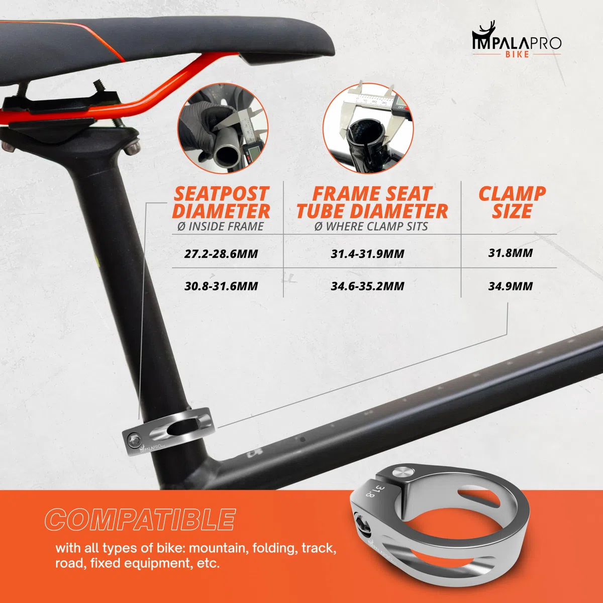 IMPALAPRO Bike - Chiusura Sella - Morsetto Sella Bici - Collarino Sella - Fissaggio Sella - Attacco Sella Bici - Collarino Reggisella - Reggisella Bicicletta (Argento, 31,8mm/1.25in)