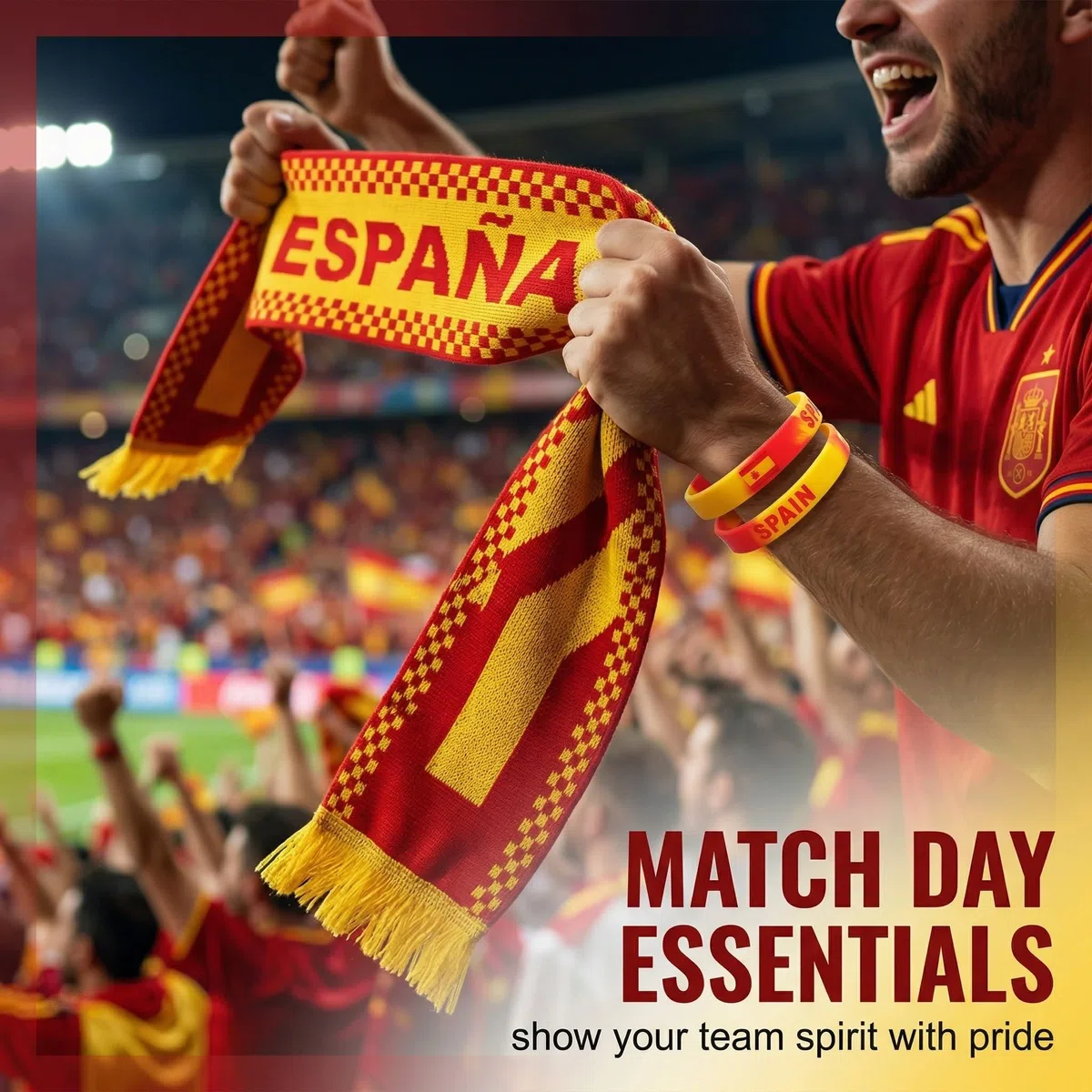 Sciarpa Spagna e 2 Bracciali in Silicone per Tifosi di Calcio, Kit Accessori Stadio Rosso e Giallo, Gadget Sportivi per Partite e Competizioni Nazionali, Idea Regalo per Appassionati