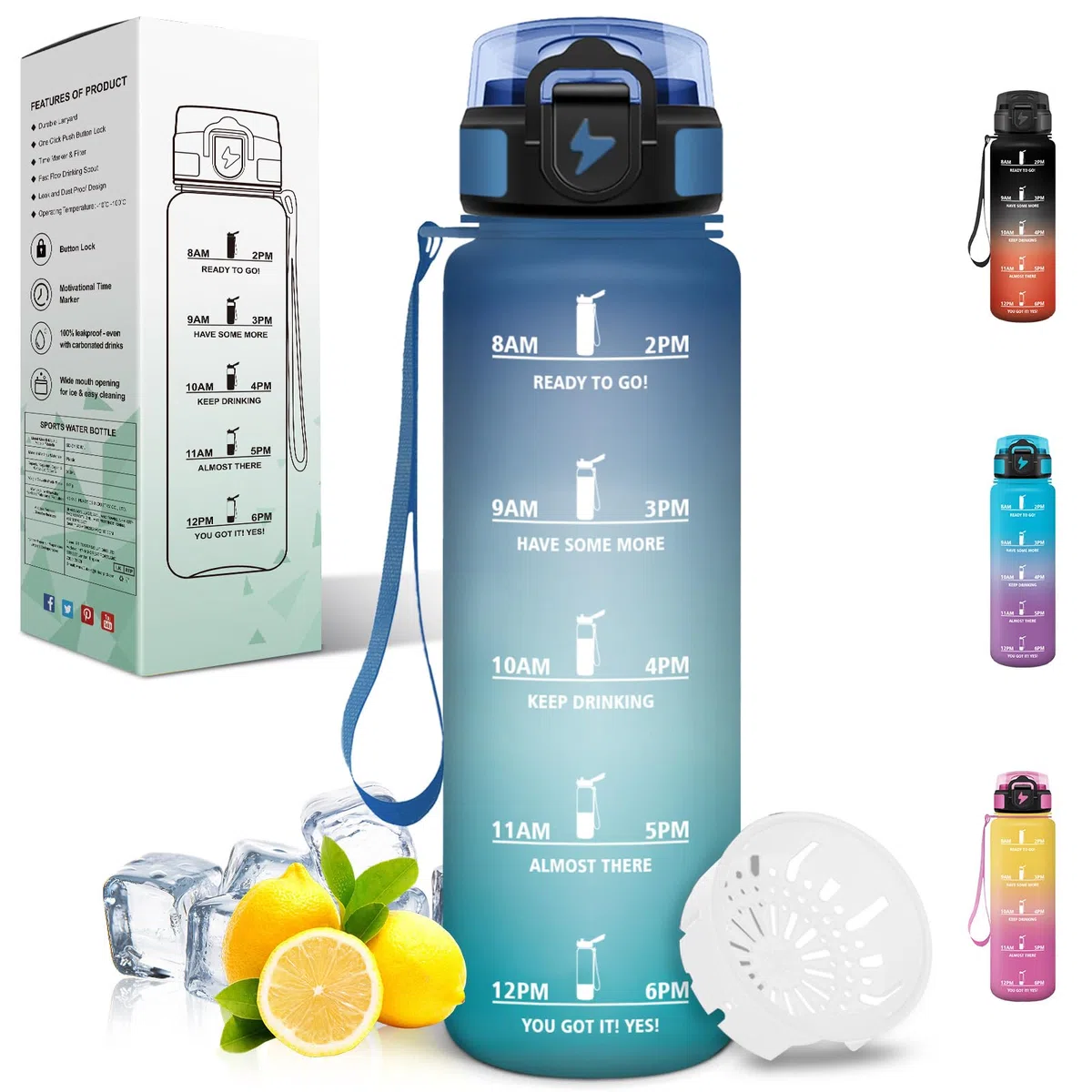 Motswedi Borraccia 1 Litro con Filtro a Prova di Perdite, Bottiglia Acqua Motivazionale per Palestra Escursionismo Ciclismo, Blu & Verde