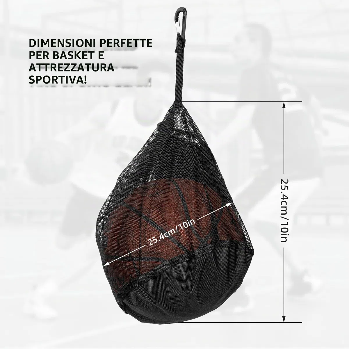Windfromort Borsa Basket 16L - Rete per 1 Pallone - Borsa da Basket Accessori - Ballnetz Pieghevole con Tasca con Cerniera e Moschettone