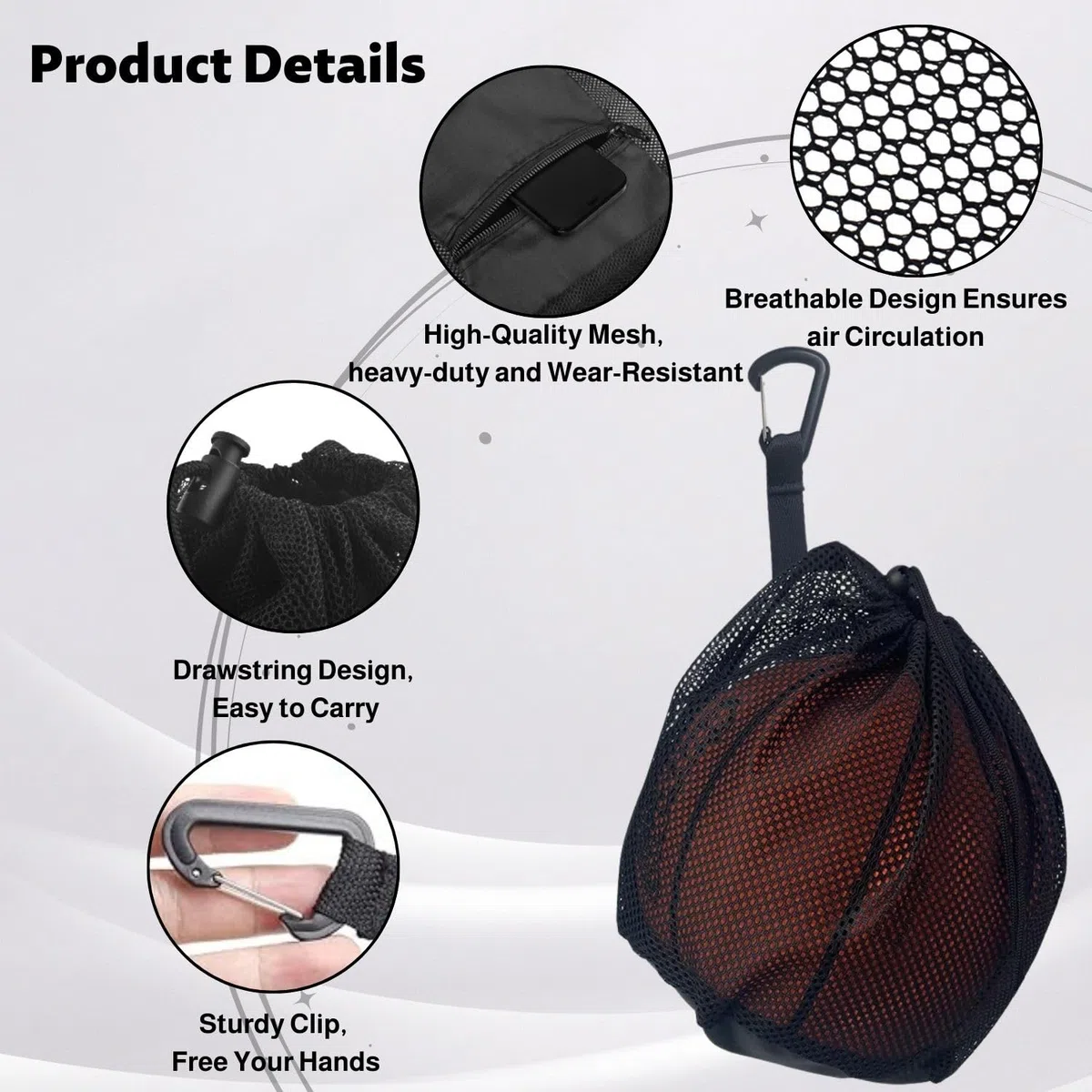 Sacca per pallone, 1 palla, borsa con moschettone e cordino, portatile, pieghevole, per pallacanestro, calcio, pallavolo, bambini e adulti