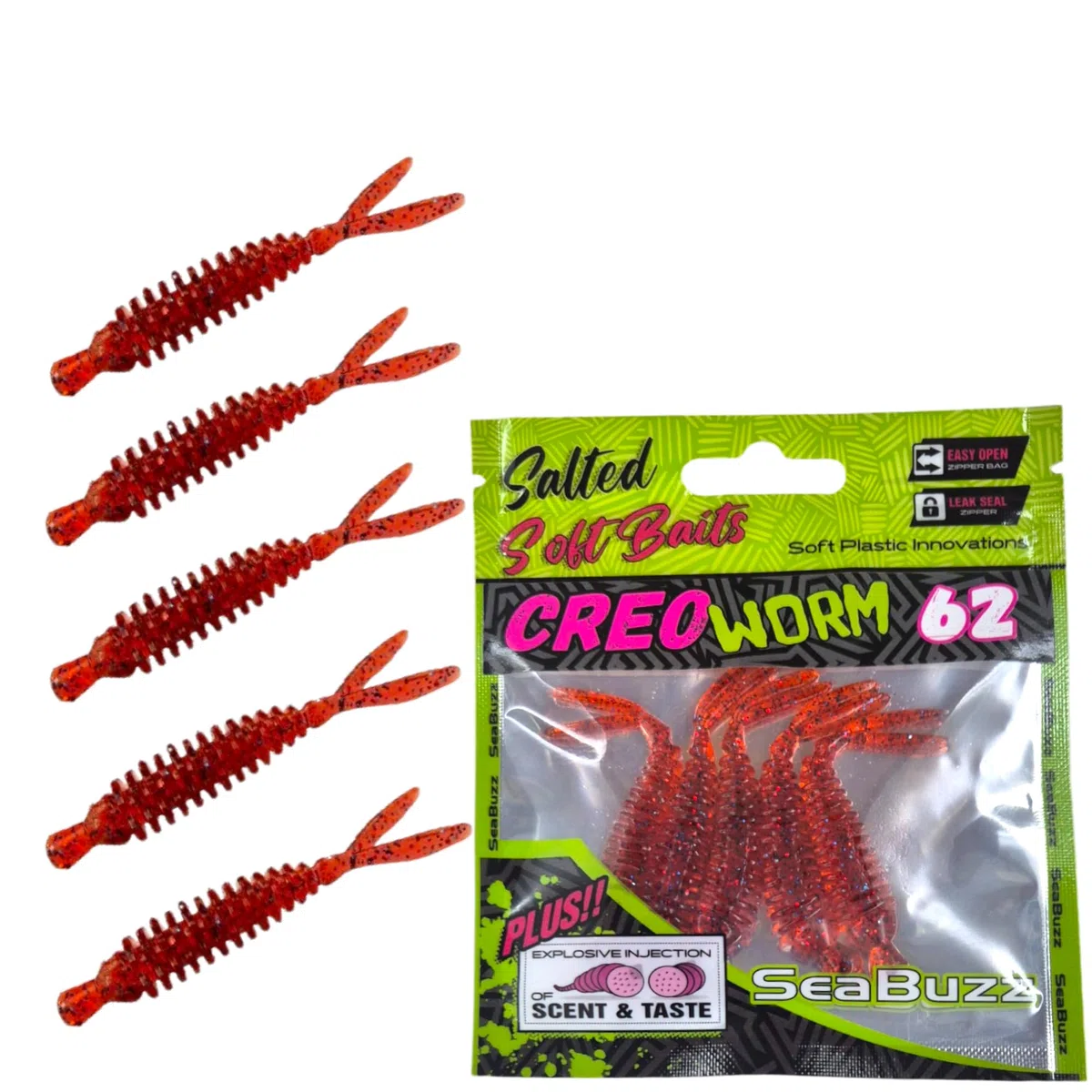 Set Esche da Pesca in Gomma Creo Worm 5x62mm - Pesca al Luccio y Trota & Bass - Esche Artificiali - Pesci in Gomma - Acqua Dolce e Salata - Kit Pesca Lago & Mare - Pesca Jig (Seme rosso/nero)