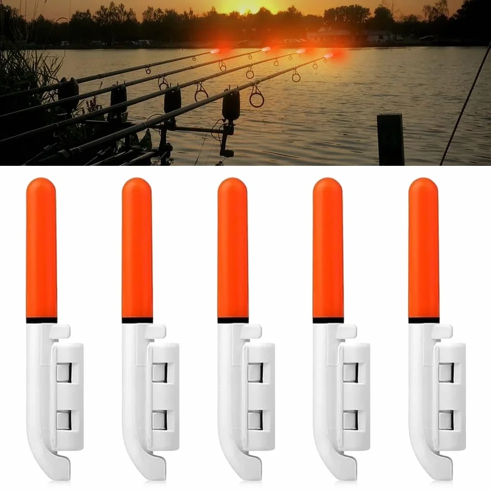 5pcs Campana di Allarme di Pesca, LED Bastoncini Luminosi Impermeabili con Fibbia Impermeabili luci a Punta di Canna da Pesca Notturna con Batteria Inclusa per la Pesca in Mare, Rosso