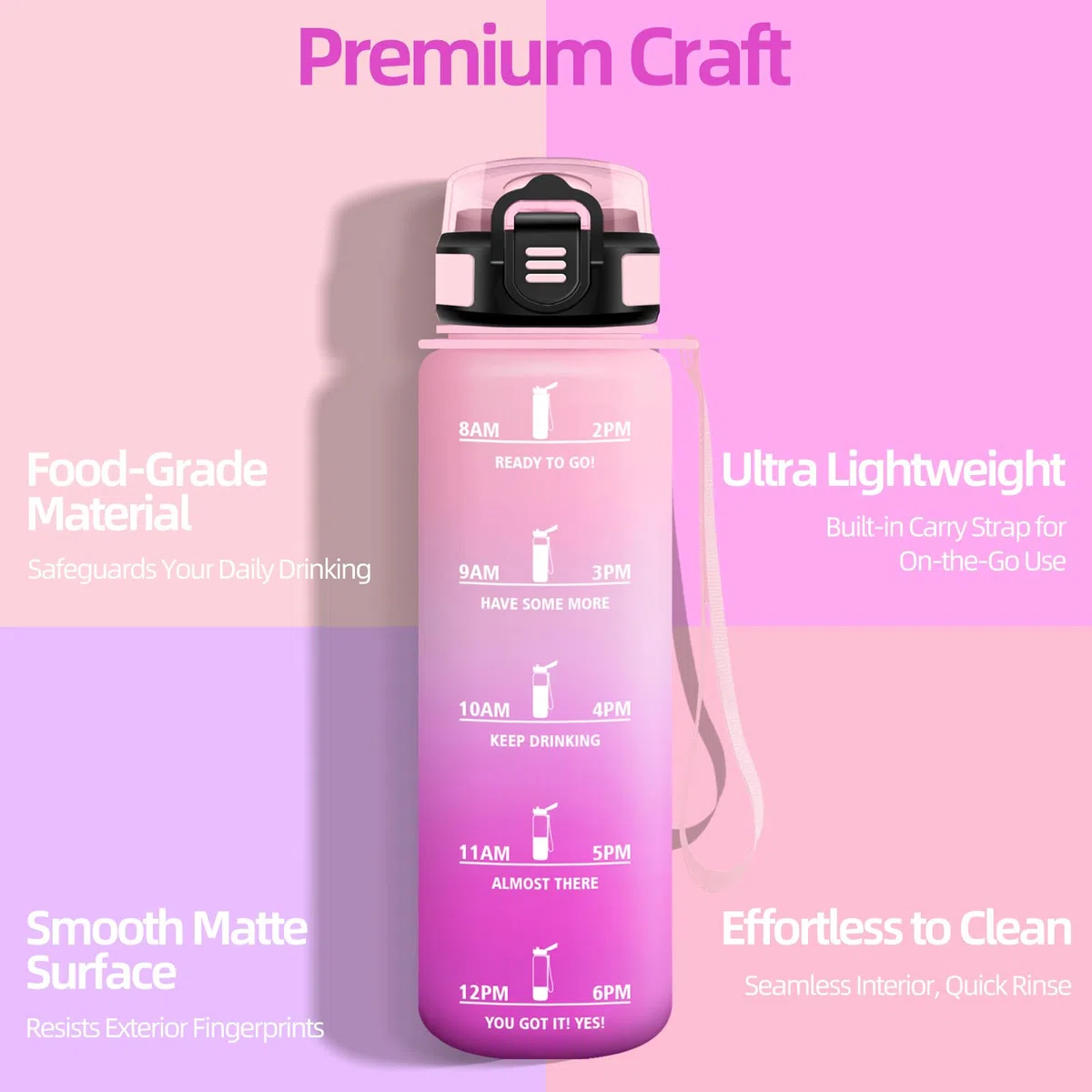 Motswedi Borraccia 1 Litro, a Prova di Perdite, Bottiglia Motivazionale con Scala di Idratazione, Borraccia Sportiva, senza Cannuccia, Bottiglia acqua, per Ufficio, Sport, Rosa chiaro & Rosso rosato