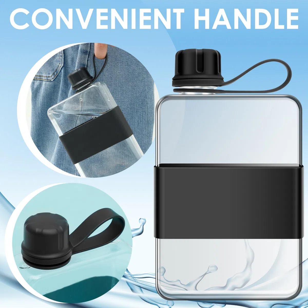 Borraccia piatta da 500 ml, con manico, a prova di perdite, sottile, per viaggi, attività all'aperto, sport, ciclismo, lavoro, scuola (nero)