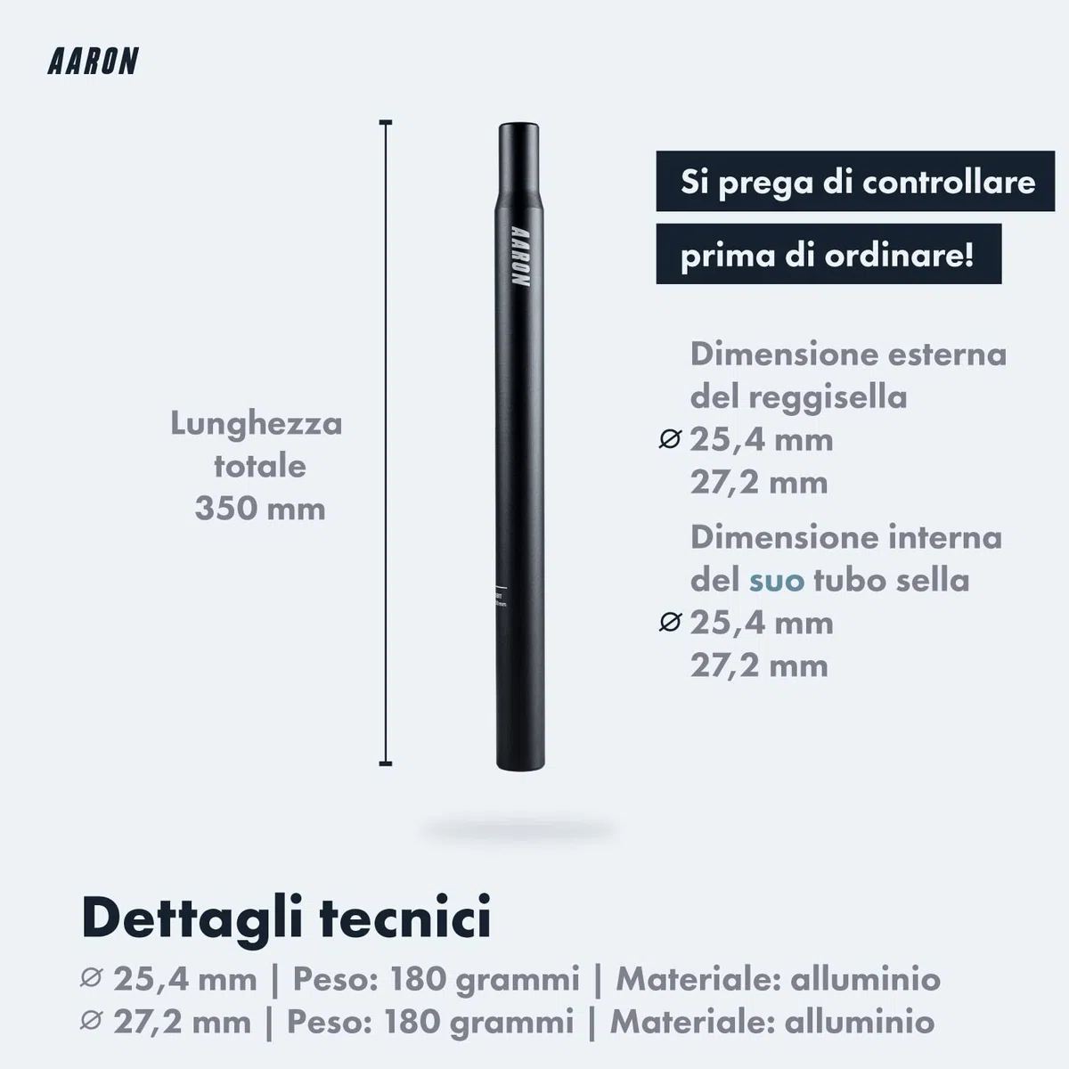 AARON Tubo reggisella con diametro di 27,2 o 25,4 mm, tubo sella in alluminio con lunghezza di 350 mm, reggisella per bici da città, bici da trekking e bici da turismo con scala in nero