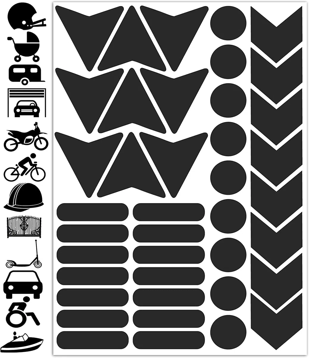 Biomar Labs® 40pcs x PVC Adesivi Rifrangenti Reflective Segnaletici Riflettenti per Sicurezza Notturna, Nero per Casco Passeggino Carovana Garage Bicicletta Scooter Motocicletta Recinto la Barca D 46