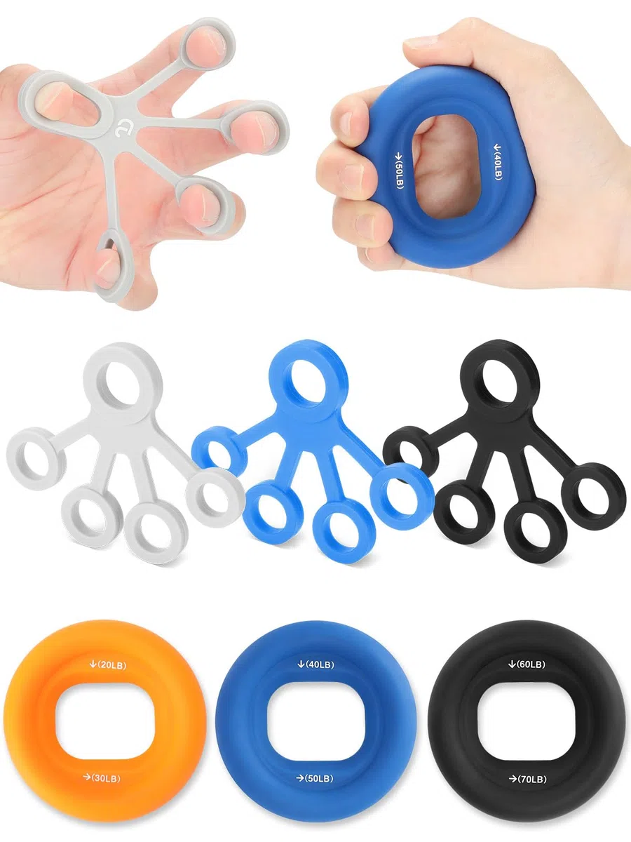 Cozary Set Allenamento Avambraccio e Presa, 6 Pezzi – Kit di Forza con 3 Anelli e 3 Bande a Resistenza Progressiva Colorata – per Palestra Casa, Arrampicata e Potenziamento