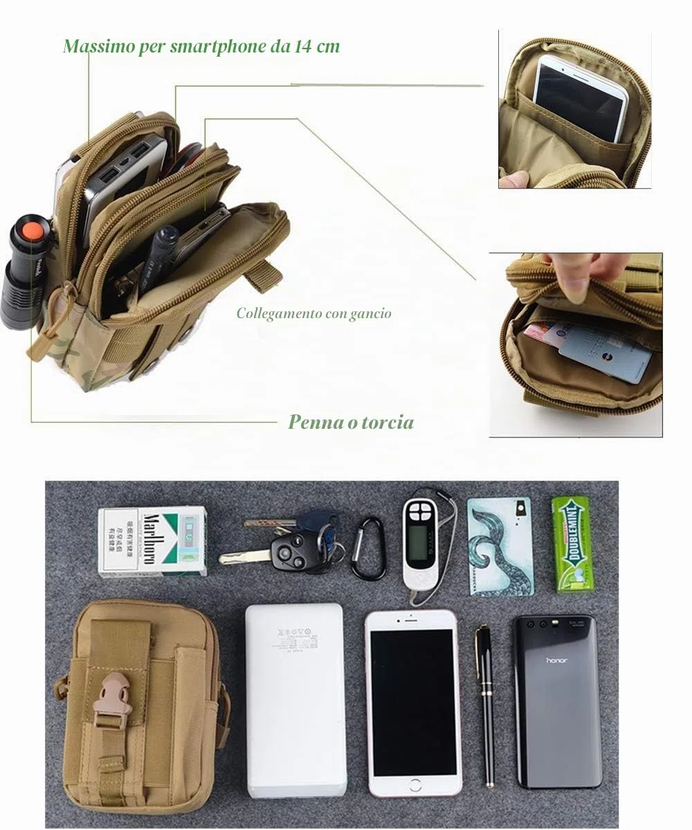 Pratico Versatile Borsello da Cintura Molle Marsupio Tattico Marsupi Sportivi Uomini Portafoglio Cellulare Telefonino Comodo Borsellino Portamonete Borsa con Un Moschettone di Sicurezza