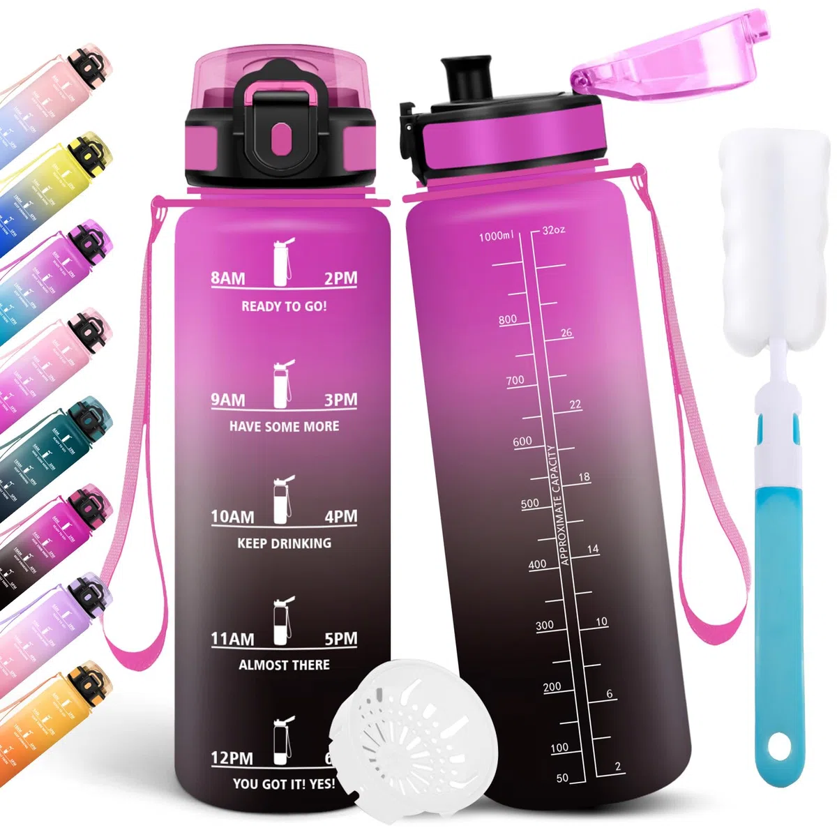 Motswedi Borraccia 1 Litro, Borraccia Palestra, a Prova di Perdite Bottiglia acqua, Include Spugna di Pulizia, Motivazionale Bottiglia Plastica 1l, per Palestra, Escursionismo, Ciclismo, Viola & Nero