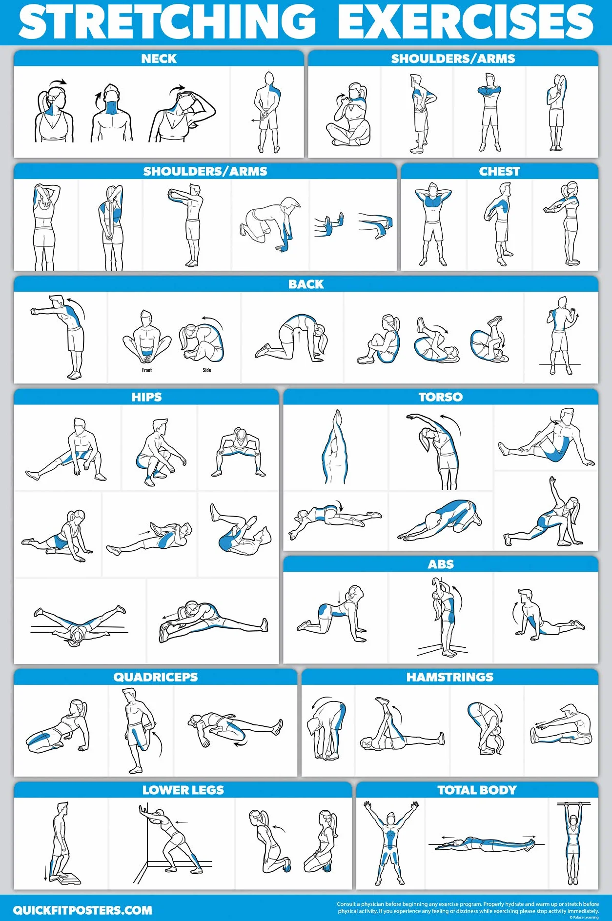 QUICKFIT Set di 3 tabelle per allenamento con manubri + esercizi a corpo libero + poster di routine di stretching – Set di 3 tabelle di allenamento (laminate, 45,7 x 68,6 cm)