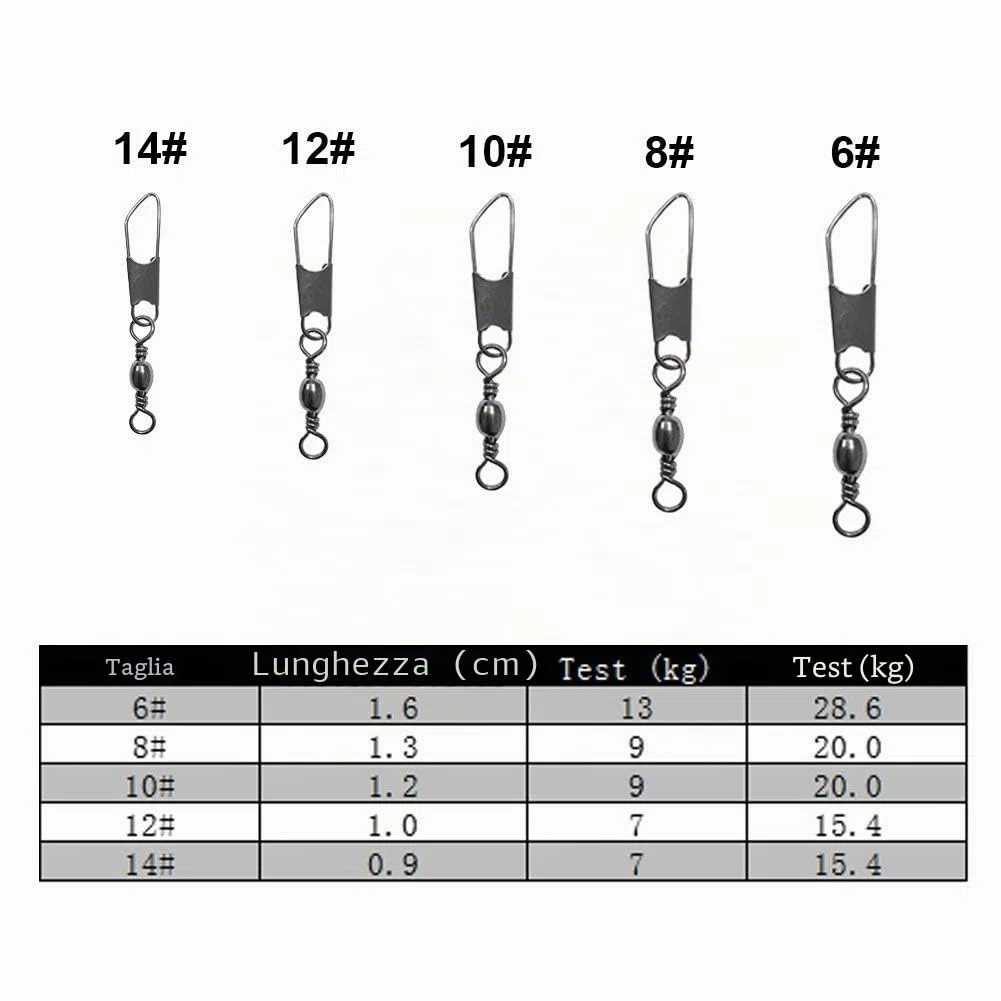 Croch 100/300 Pezzi Pesca Girelle con Moschettone per Connettori Clip Girevoli # 14, # 12, # 10, # 8, # 6,# 4, # 2