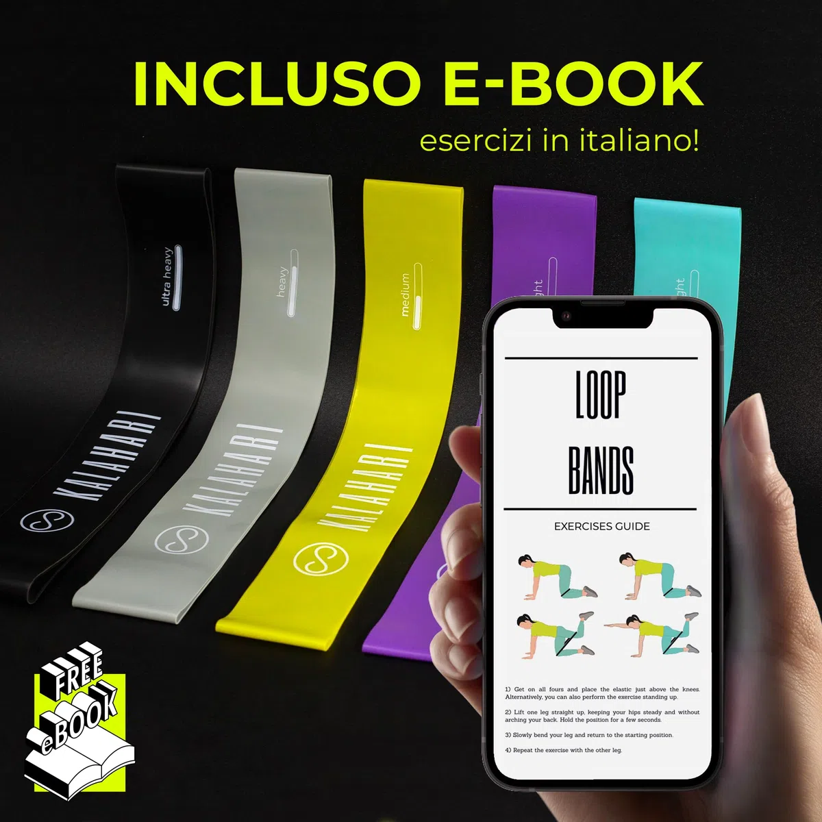KALAHARI Elastici Fitness SET DI 5 più Ebook esercizi in Italiano e Borsa – Fascia elastica con 5 livelli di Resistenza per allenamento Forza, Stretching, Palestra, Pilates, Yoga - Bande elastiche
