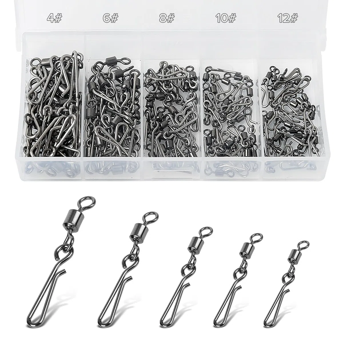 Realure 100 Pezzi Mulinelli da Pesca con Moschettone, da Appendere, per Pesca alla Trota, da Pesca, a Carabina Vertebrale, per Esche da Pesca, Vortice, Accessori da Pesca, 4# 6# 8# 10# 12#