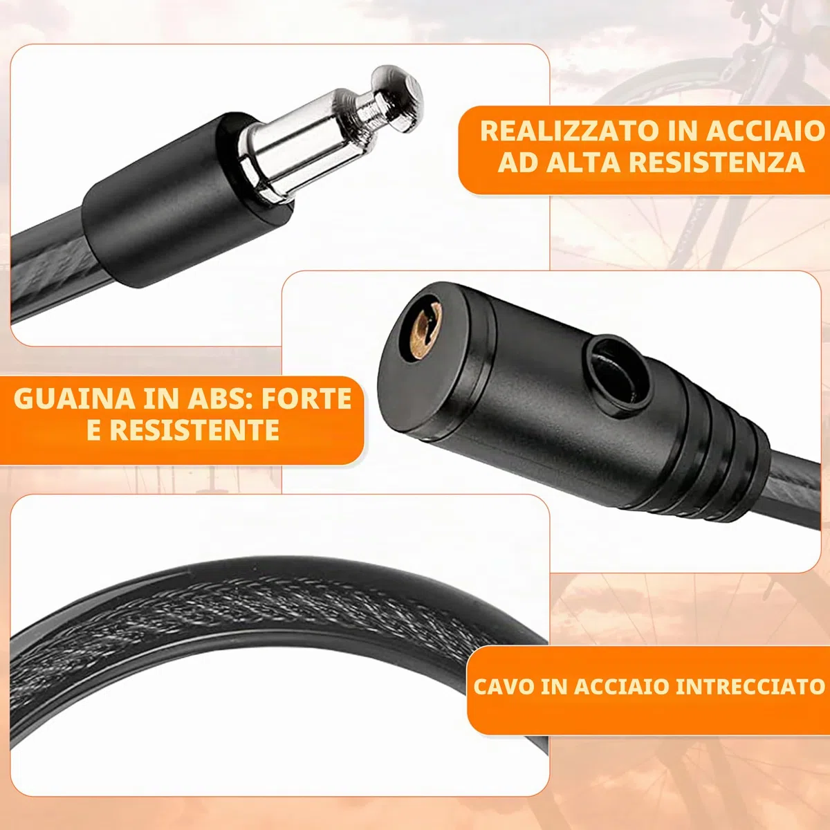 Lucchetto bici cavo in acciaio resistente 60 cm chiusura avanzata con chiave sicuro robusto pratico facile da riporre antifurto bici nero