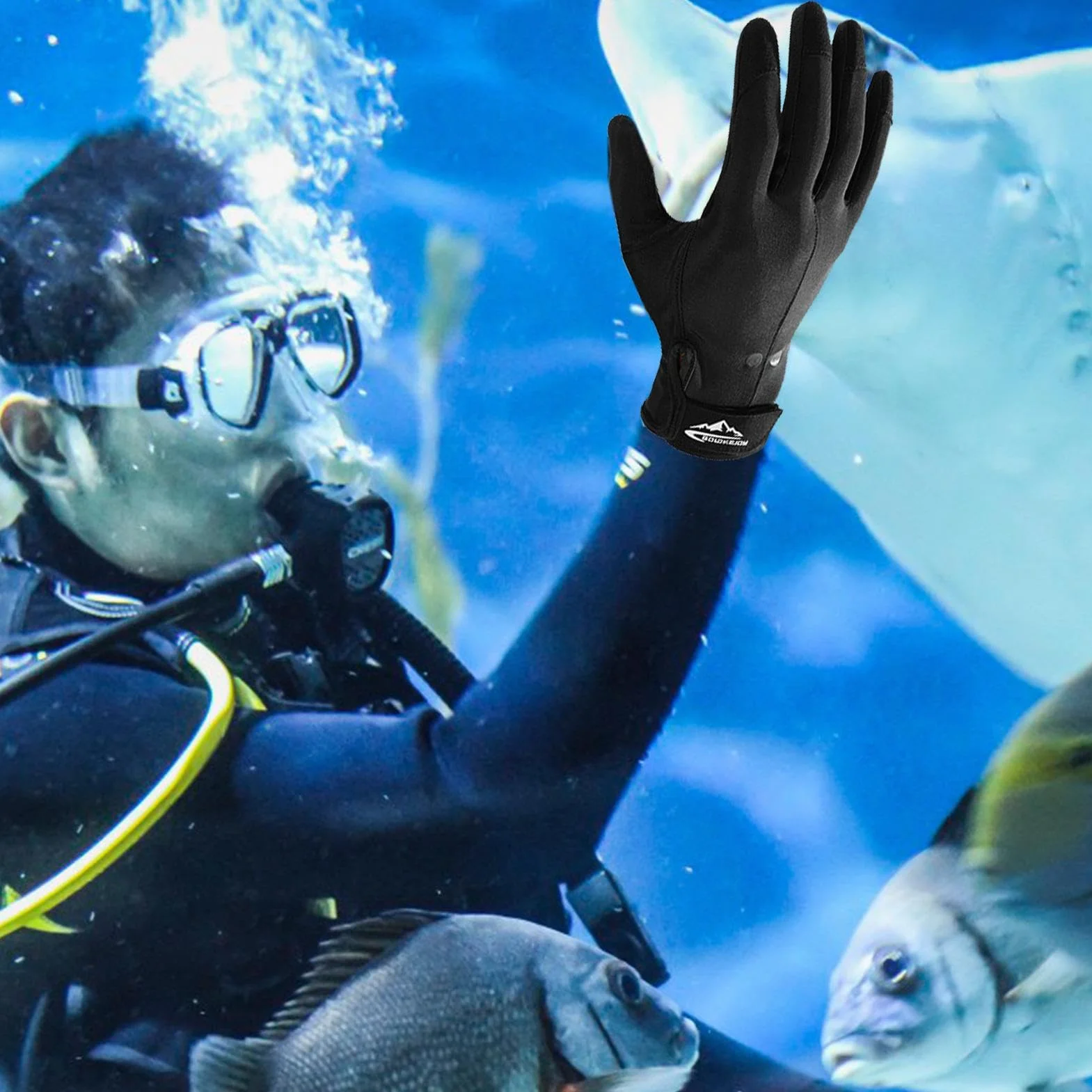 Guanti da Sub - Guanti da Sci d'Acqua - Guanti Impermeabili con Adesivo Regolabile, Particelle Antiscivolo in Silicone e Doppio Uso per Terra e Mare per Ciclismo, Immersioni, Pesca, Immersioni