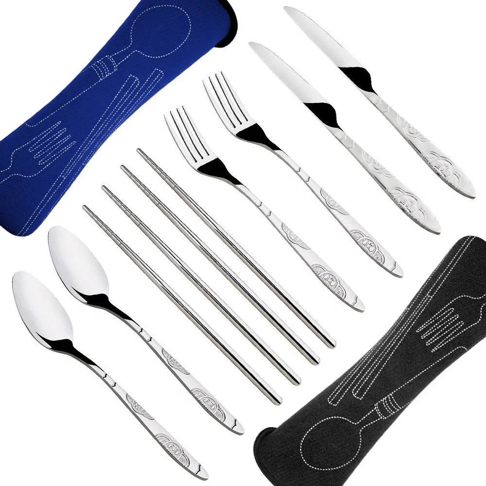 8 Pezzi Set di frutta, coltello, cucchiaio, bacchette, SENHAI 2 Pack Risto in acciaio inox da tavola Dinnerware con custodia per viaggiare Camping Picnic Working Hiking(Blu scuro, nero)