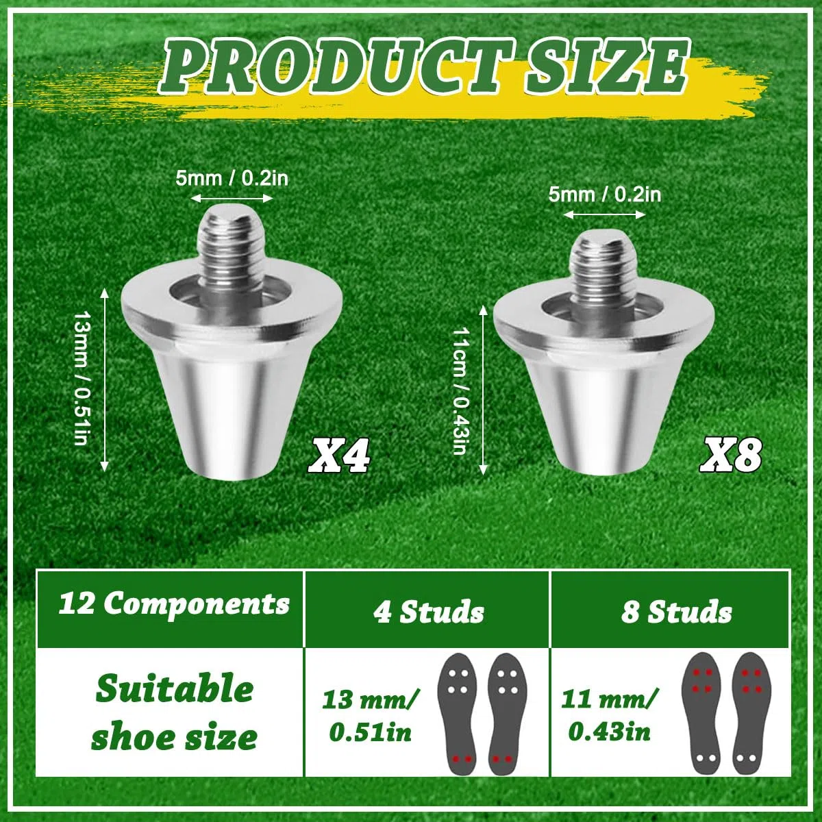 12 Pezzi Tacchetti da Calcio, Tacchetti Sostitutivi con Testa in Metallo, Tacchetti per Scarpe da Calcio con Chiave, 2 Misure, 11 mm/13 mm per Allenamento Ottimale e Rugby di Ricambio