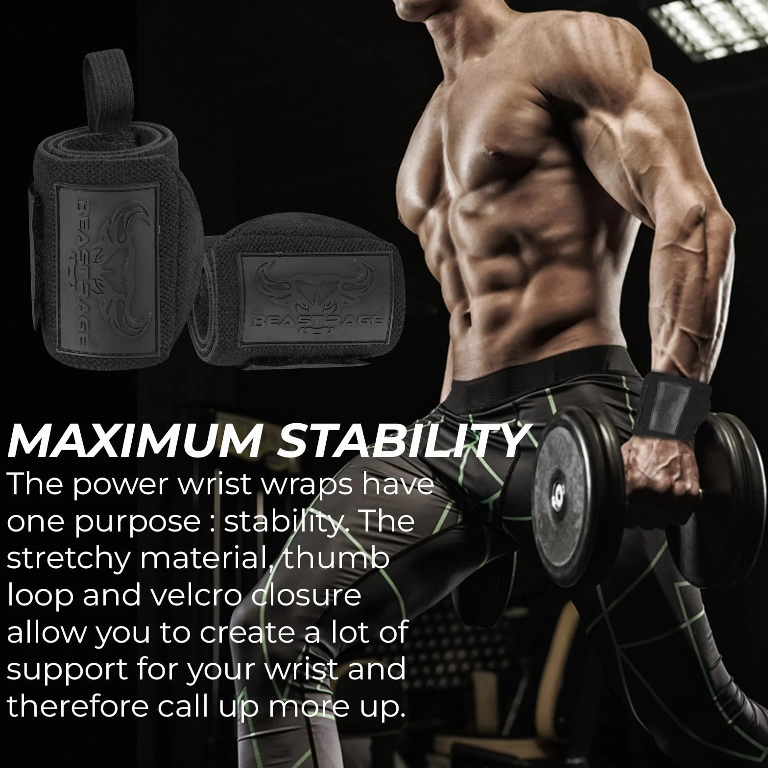 BEAST RAGE Polsiere per Sollevamento Pesi, per Sollevamento Pesi, Fitness, Allenamento, Palestra, Supporto per Pollice, Fascia Elastica in Cotone per Allenamento (Nero Pieno)