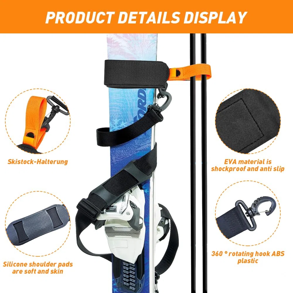 mizikuu Tracolla per Sci Portatile, Regolabile Cinghia da Sci e Portabastone Porta sci e Bastoncini da Spalla Nylon Ski Straps Accessori per Sci Snowboard Attività All'Aperto Invernali