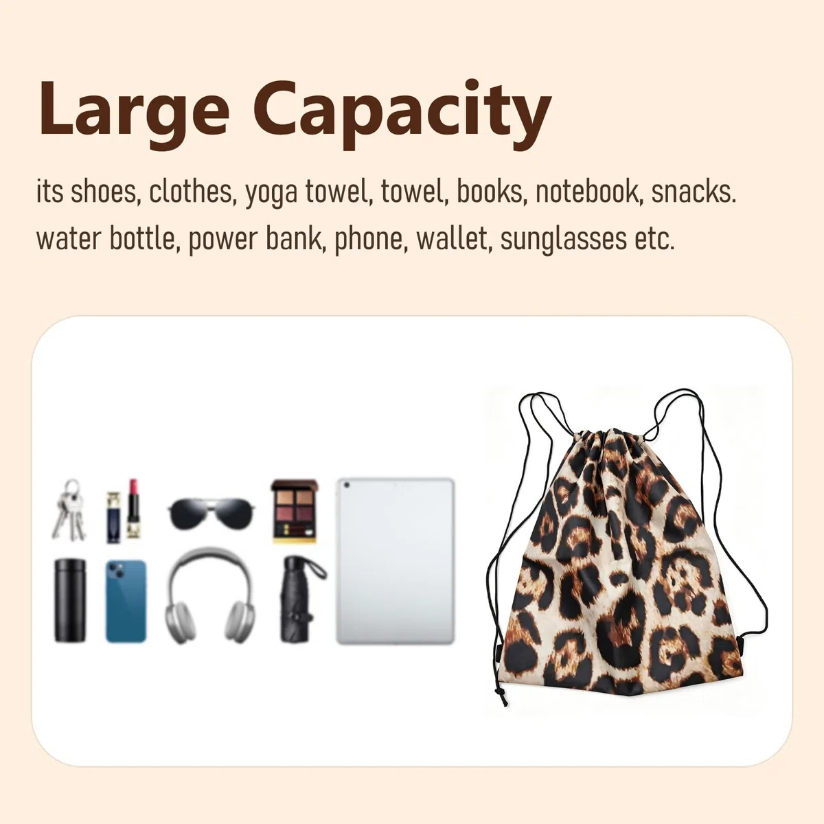 Set di Sacca Sportiva a Coulisse con Stampa Leopardata, Leggera Zaino Palestra e Leopardata Pochette, Borsa Palestra con Coulisse in Tessuto Oxford per Lo Sport, Scuola,Viaggi, Spiaggia