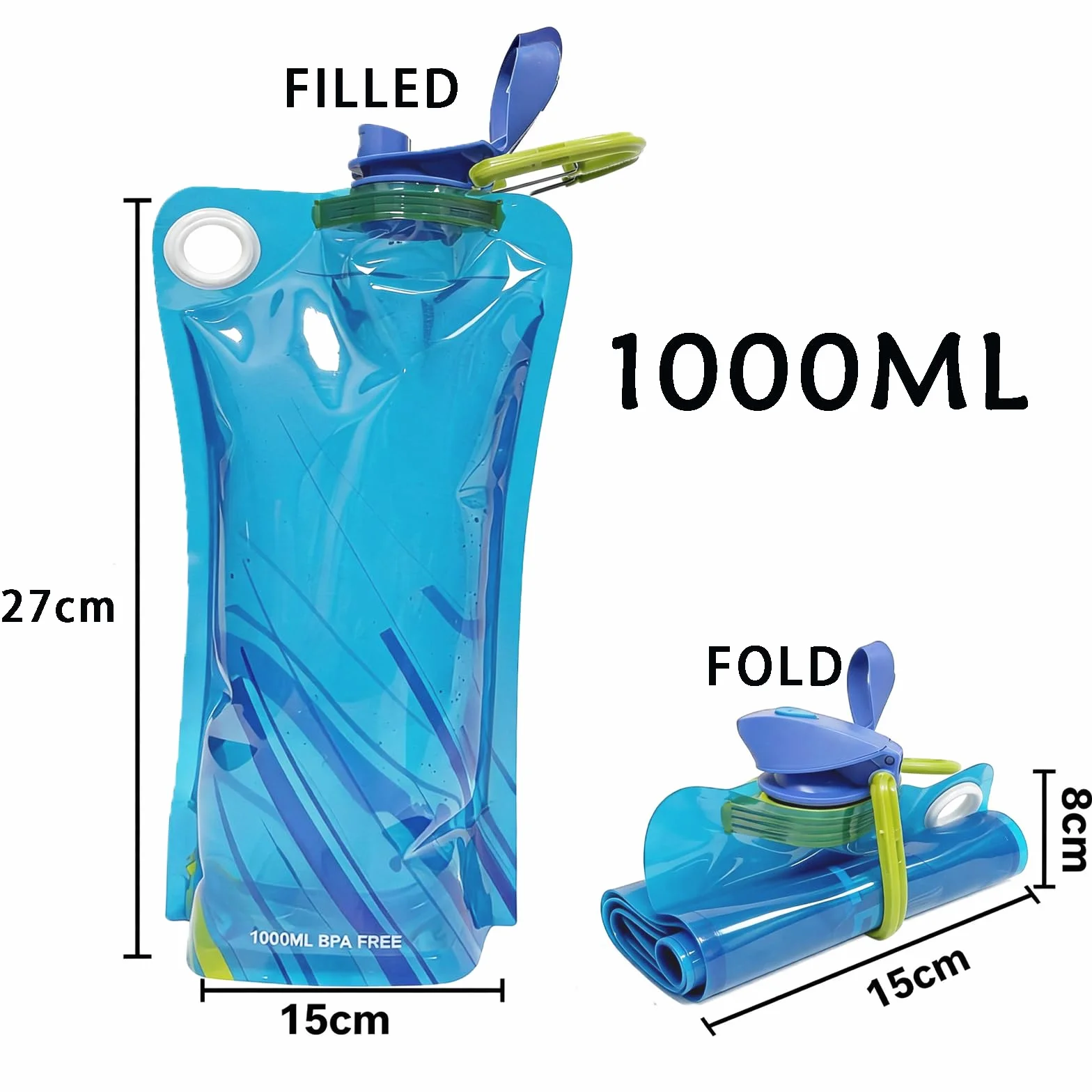 Borraccia Pieghevole 1000ML, 3PCS Bottiglia Riutilizzabile Con Moschettone, Portatile Bottiglia Pieghevole, Borraccia Morbida per Escursionismo, Adventures, Viaggi, Festival, Sport All'Aperto