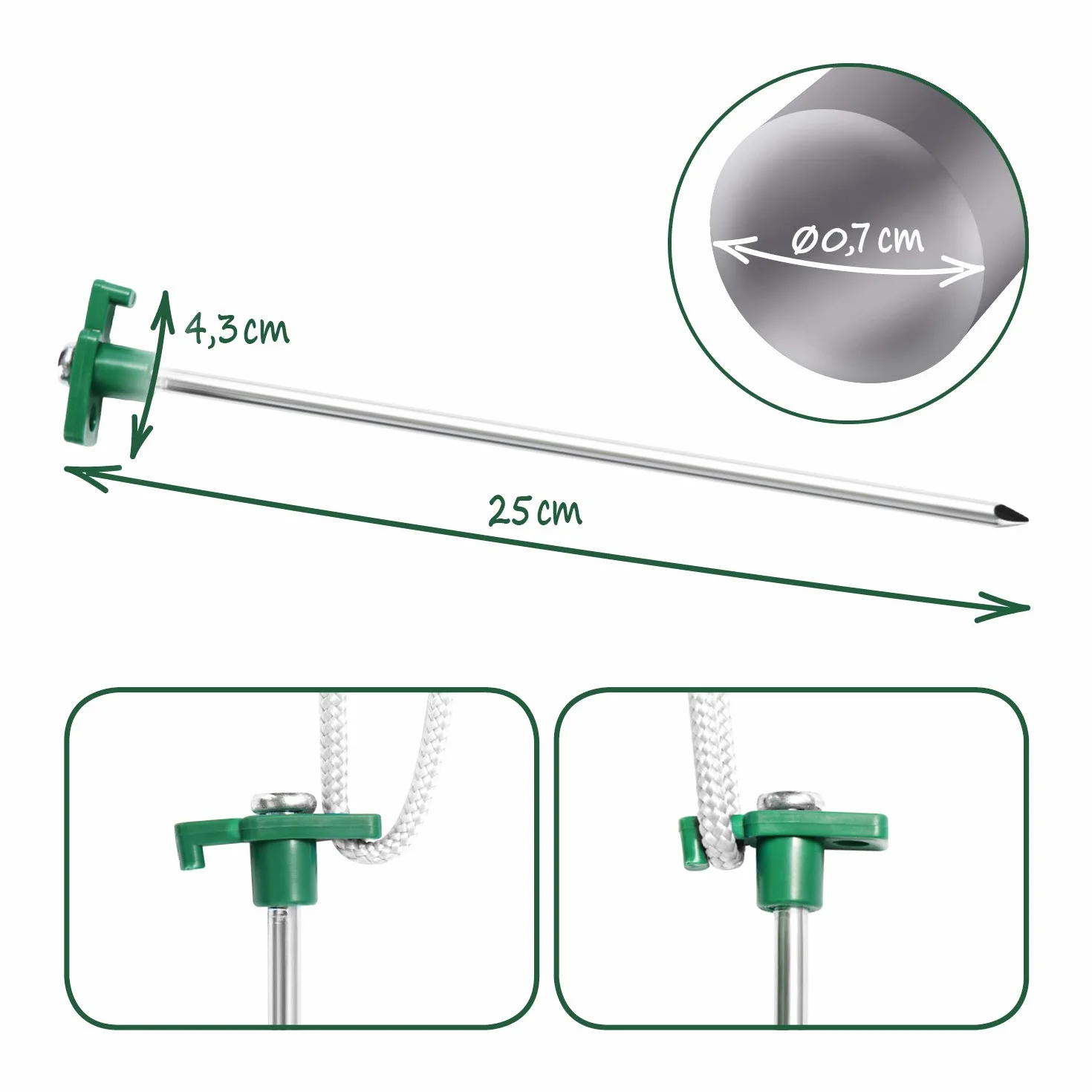com-four® 8x Picchetti in Acciaio - Lunghi e Robusti Picchetti con Supporto in Plastica per Campeggio e Outdoor - Ideali per Terreni Normali e Duri
