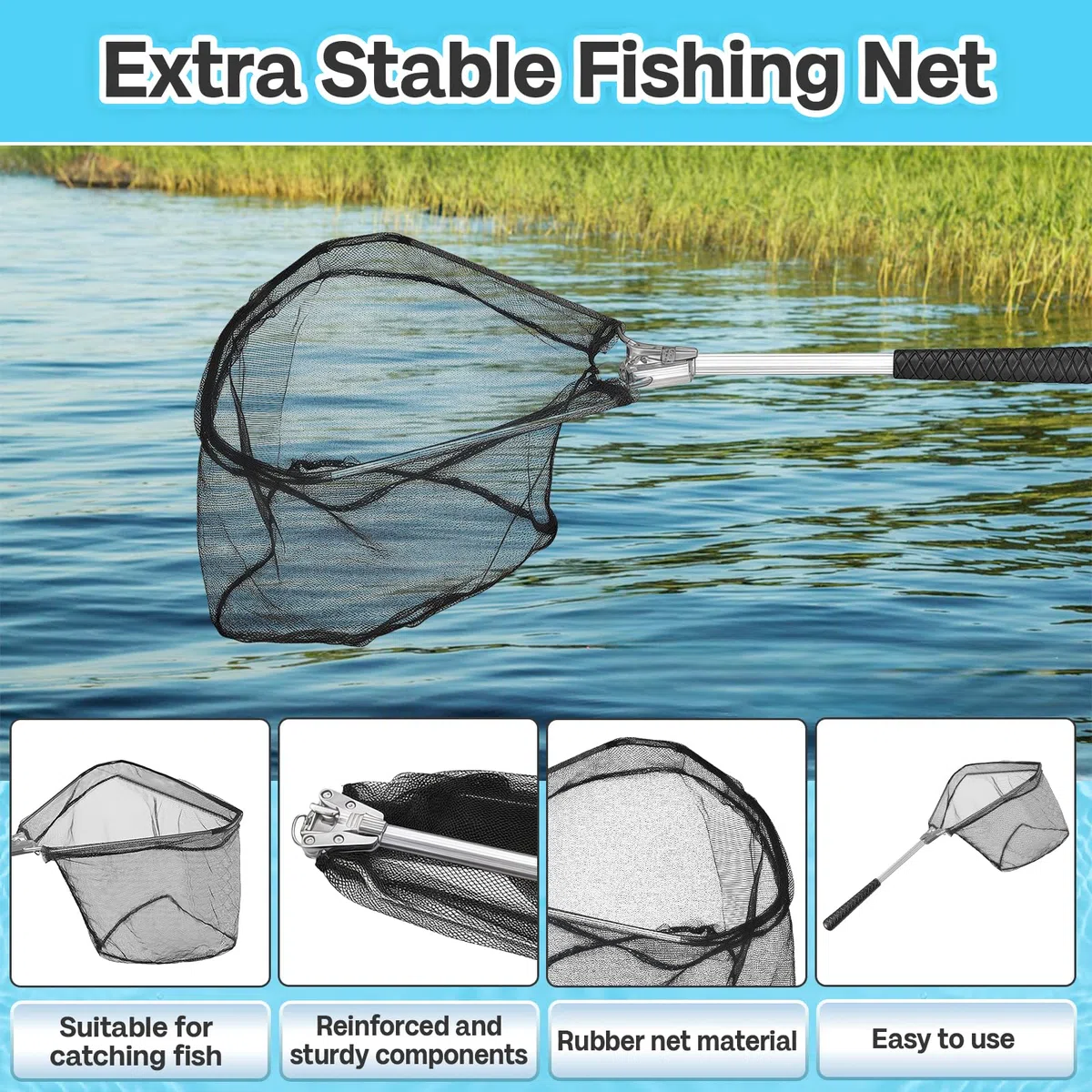 Retino da Pesca Pieghevole 55 CM, Nero Rete da Pesca Pieghevole, Rete da Pesce Pieghevola Fishnet, Reti da Pescas in Gomma Adatte a Bambini E Adulti, Per Stagni E Laghi