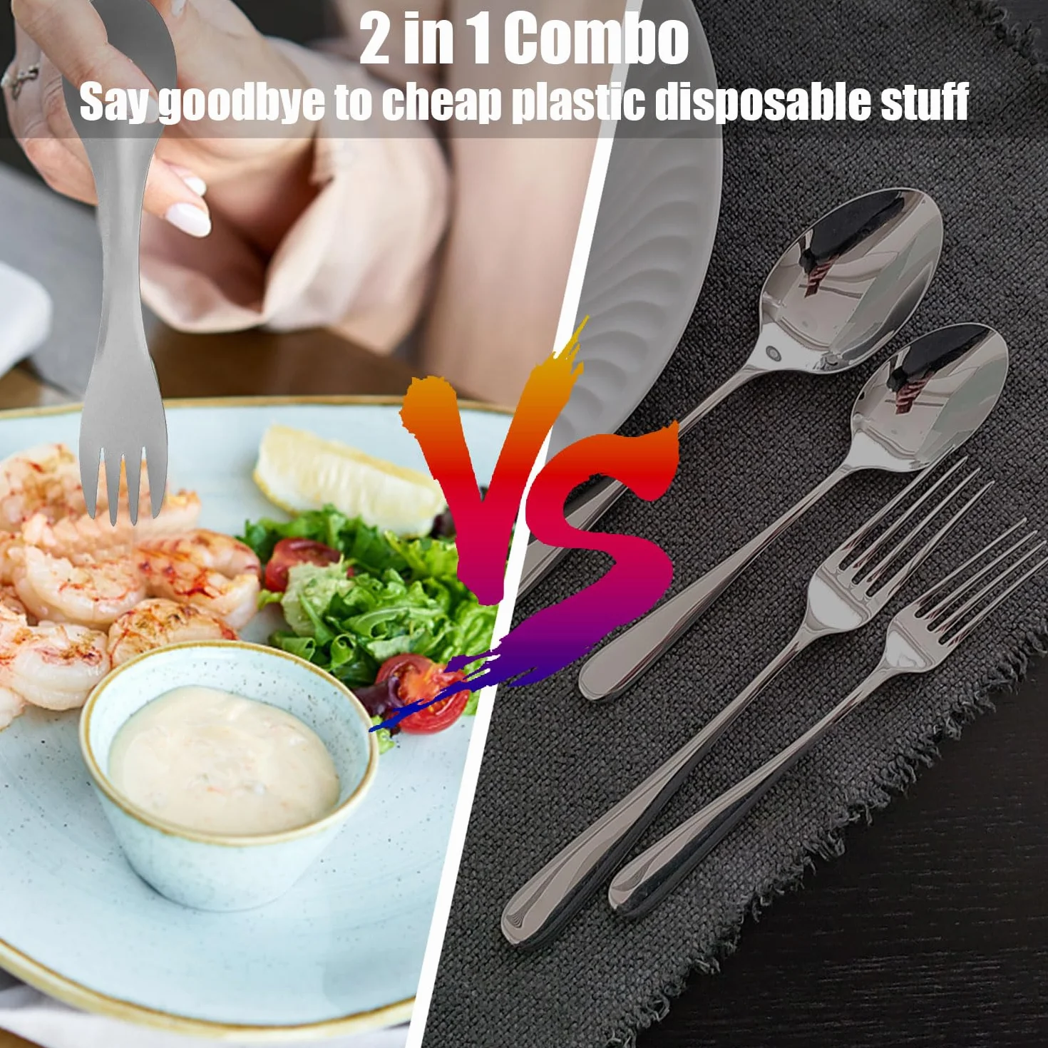 Posata da Campeggio 2 in 1 in Titanio, Titanium Forchetta da Campeggio, ultra leggere Forchetta Cucchiaio, Titanio Spork Posate Multifunzione per Camping Trekking Picnic